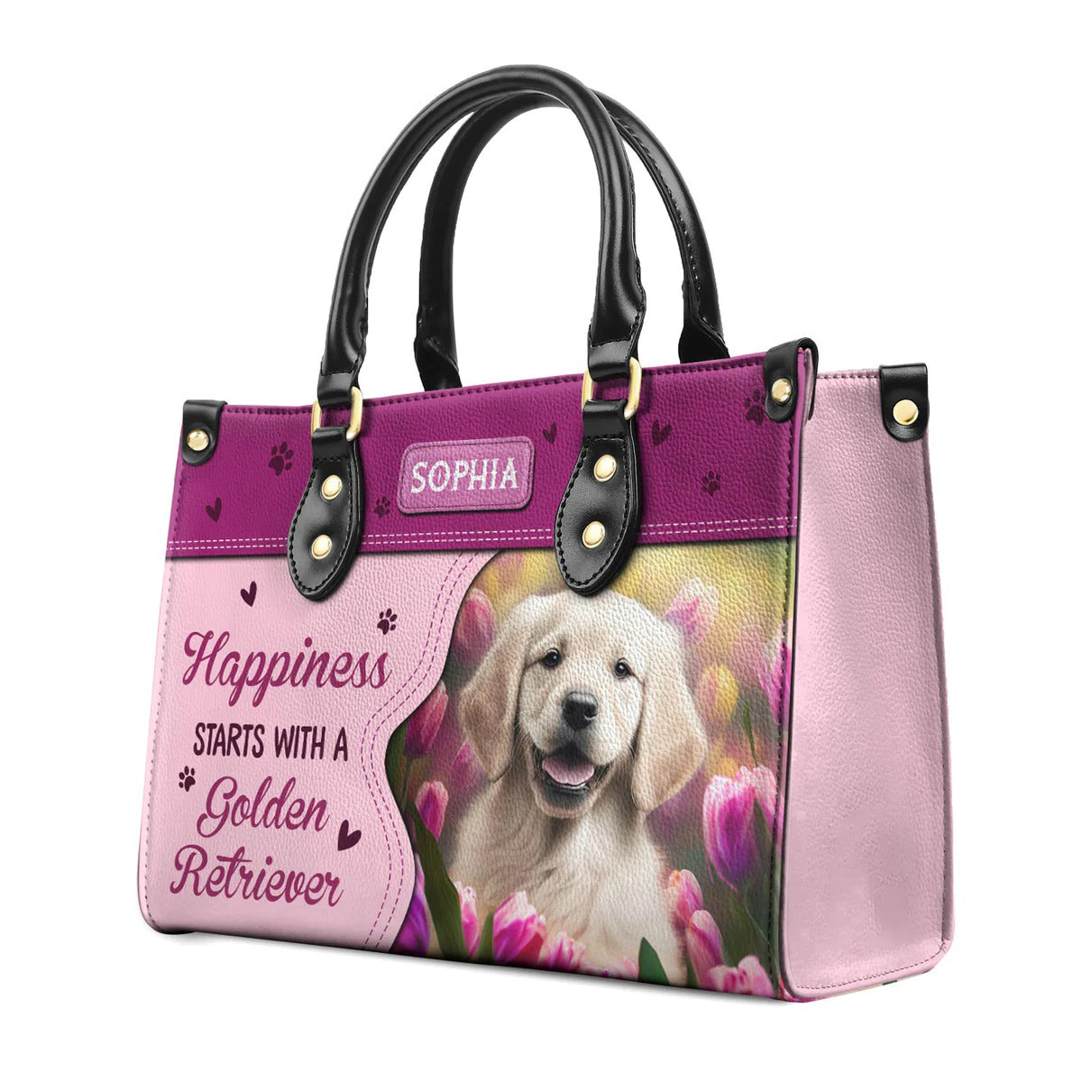 Happiness Starts With A Golden Retriever Leather Bag