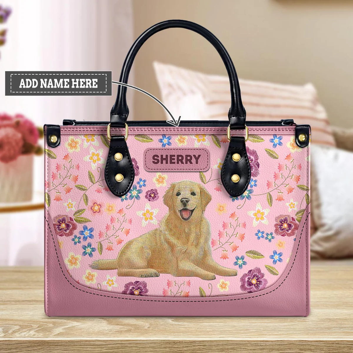 Golden Retriever Gocci Flowers Leather Bag
