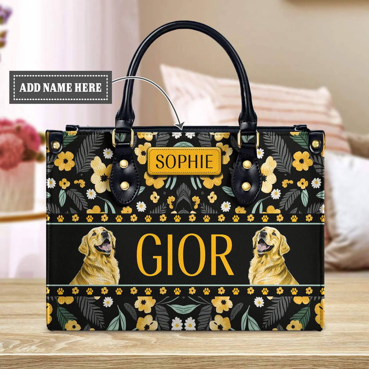 Gior Cute Golden Retriever Yellow Flower Leather Bag