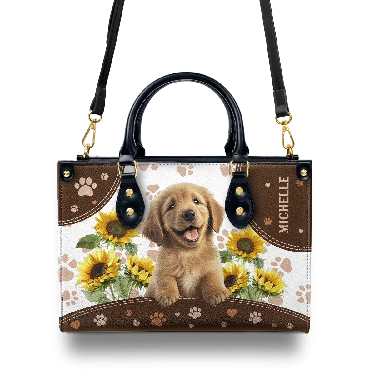 Golden Retriever Sunflowers Leather Bag