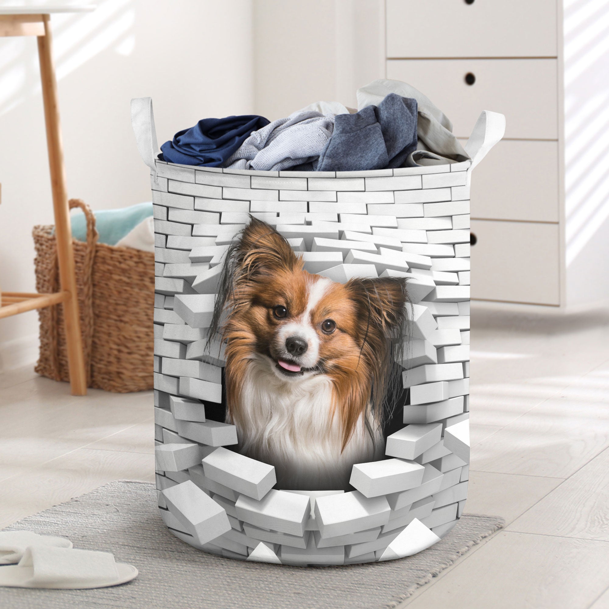 Papillon Dog - In The Hole Of Wall Pattern Laundry Basket