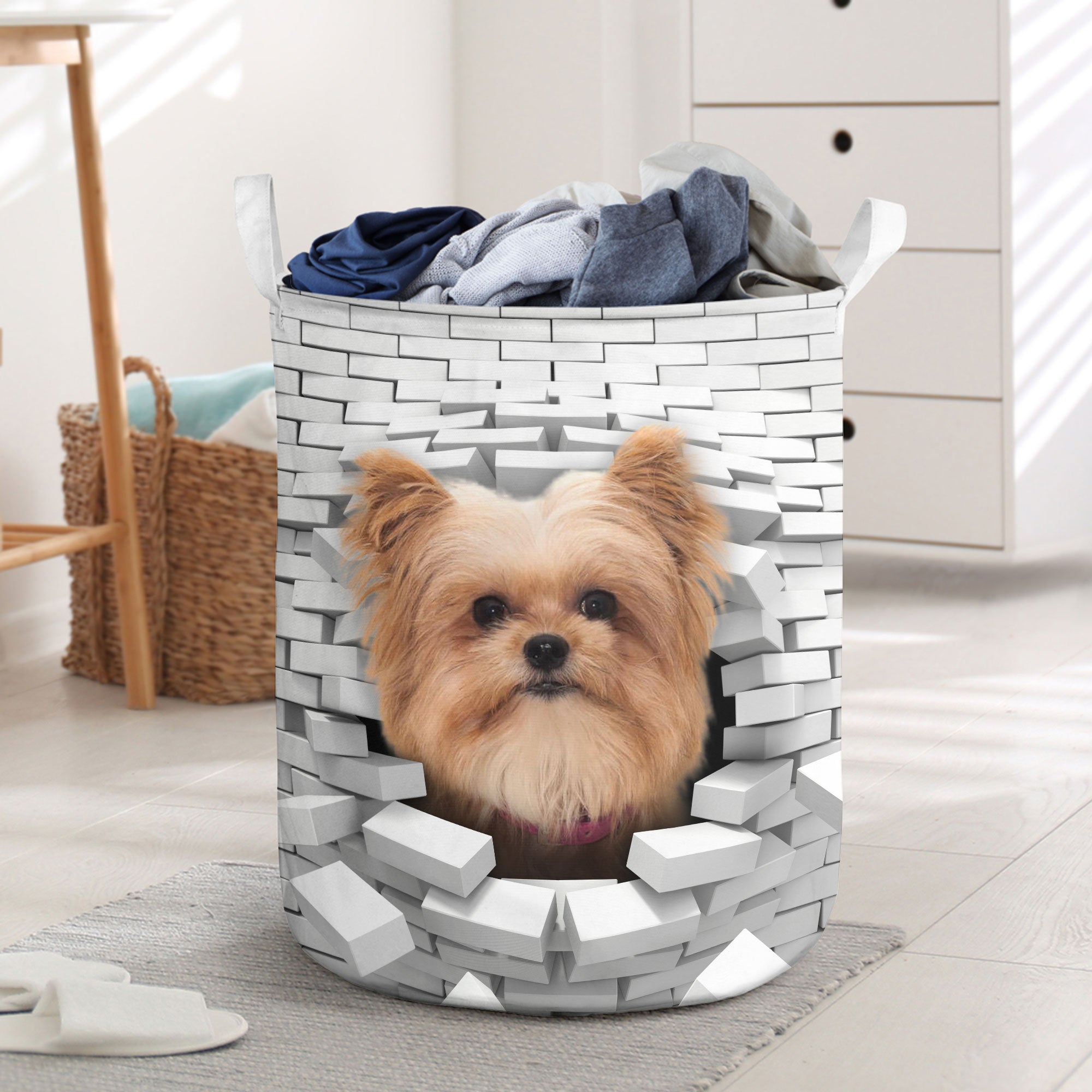 Yorkie Pom - In The Hole Of Wall Pattern Laundry Basket