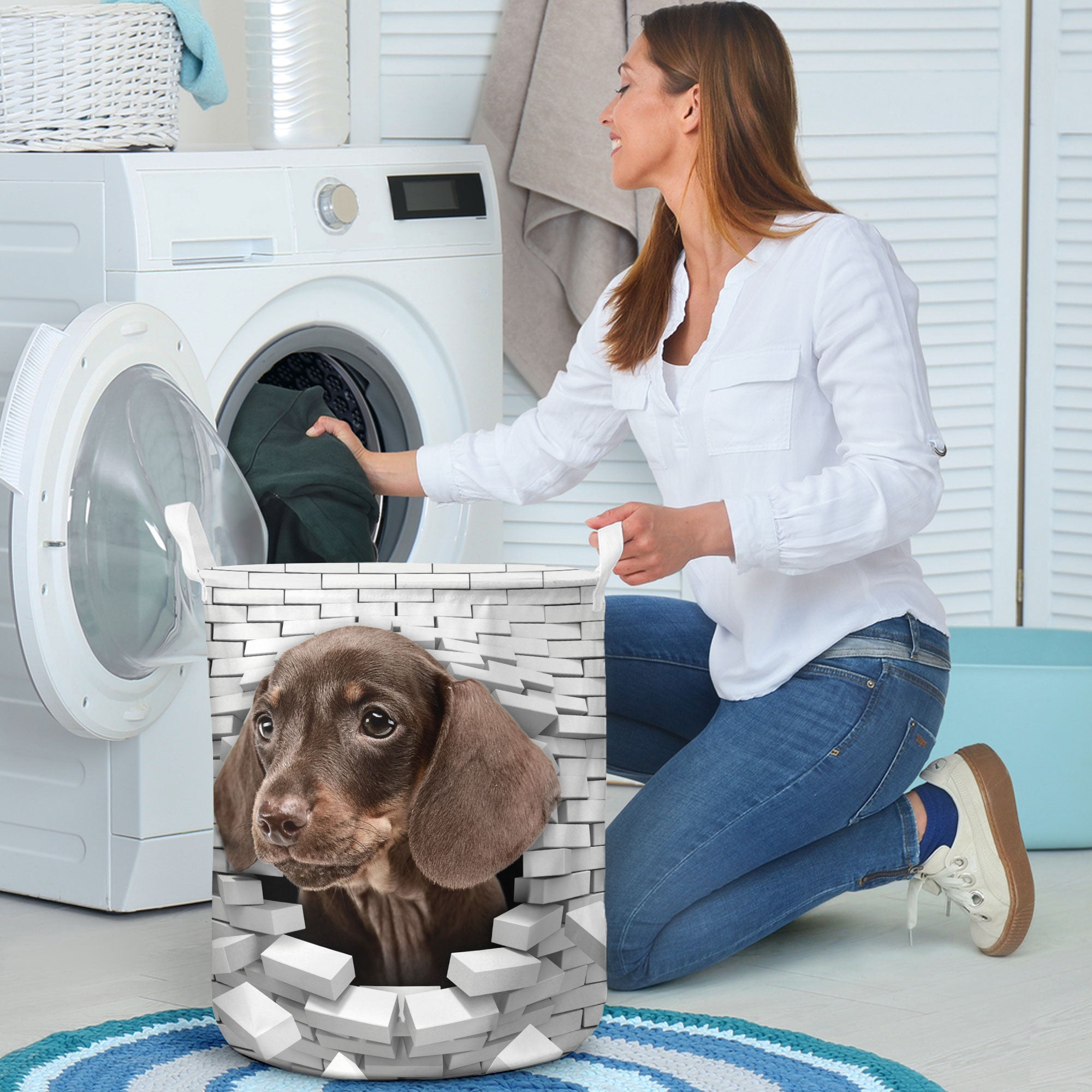 Dachshund - In The Hole Of Wall Pattern Laundry Basket
