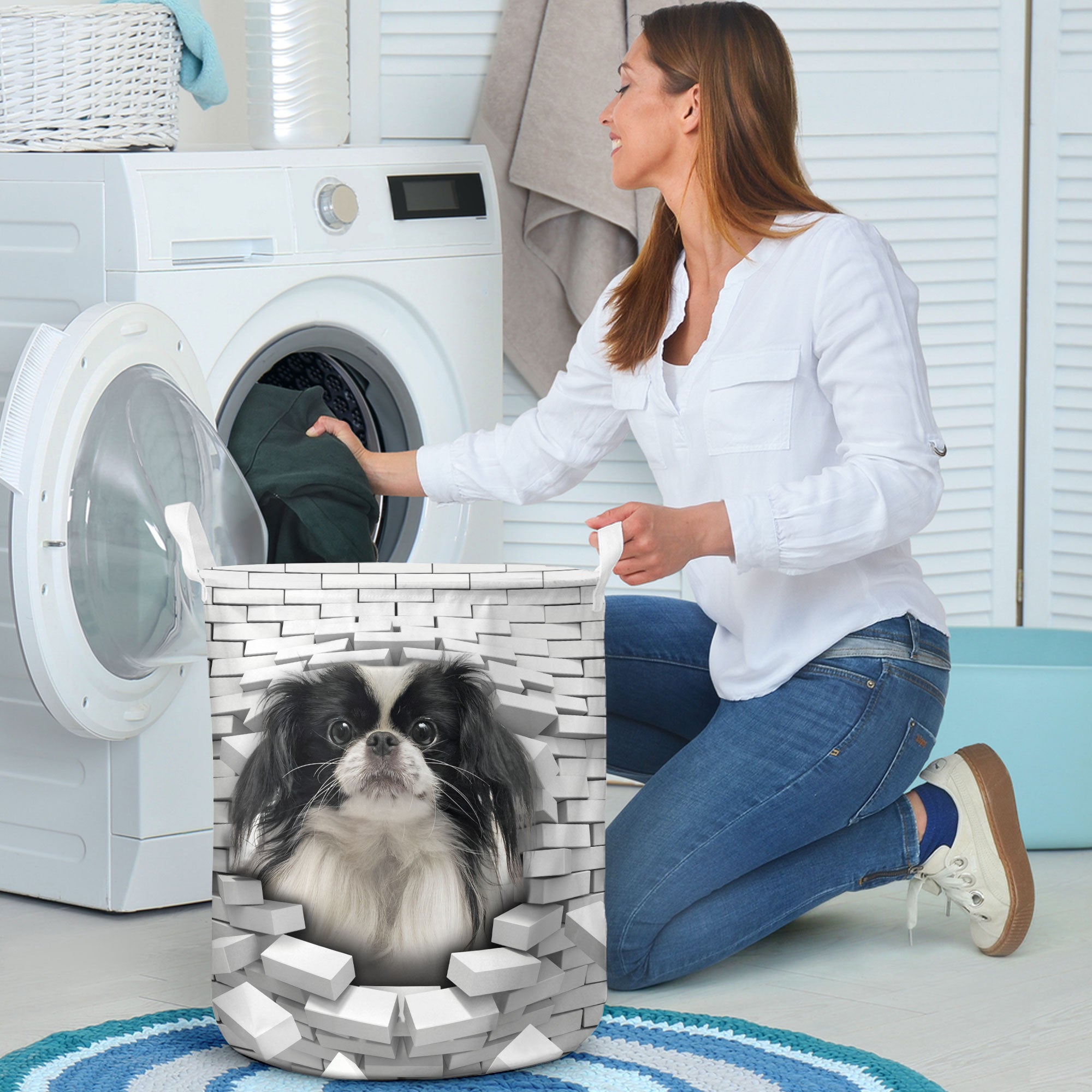 Japanese Chin - In The Hole Of Wall Pattern Laundry Basket
