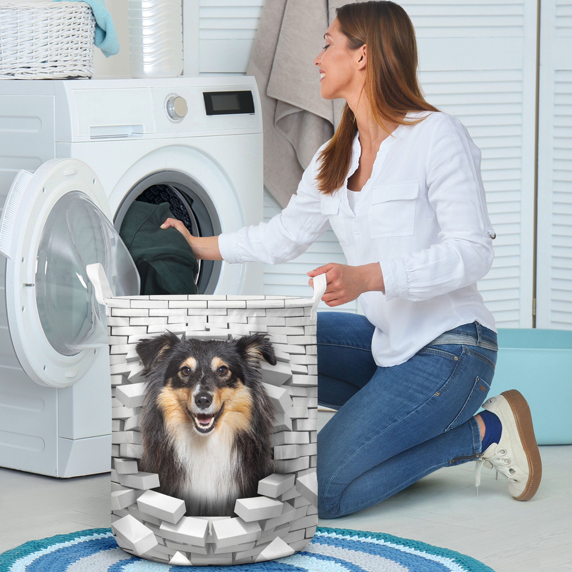 Shetland Sheepdog - In The Hole Of Wall Pattern Laundry Basket