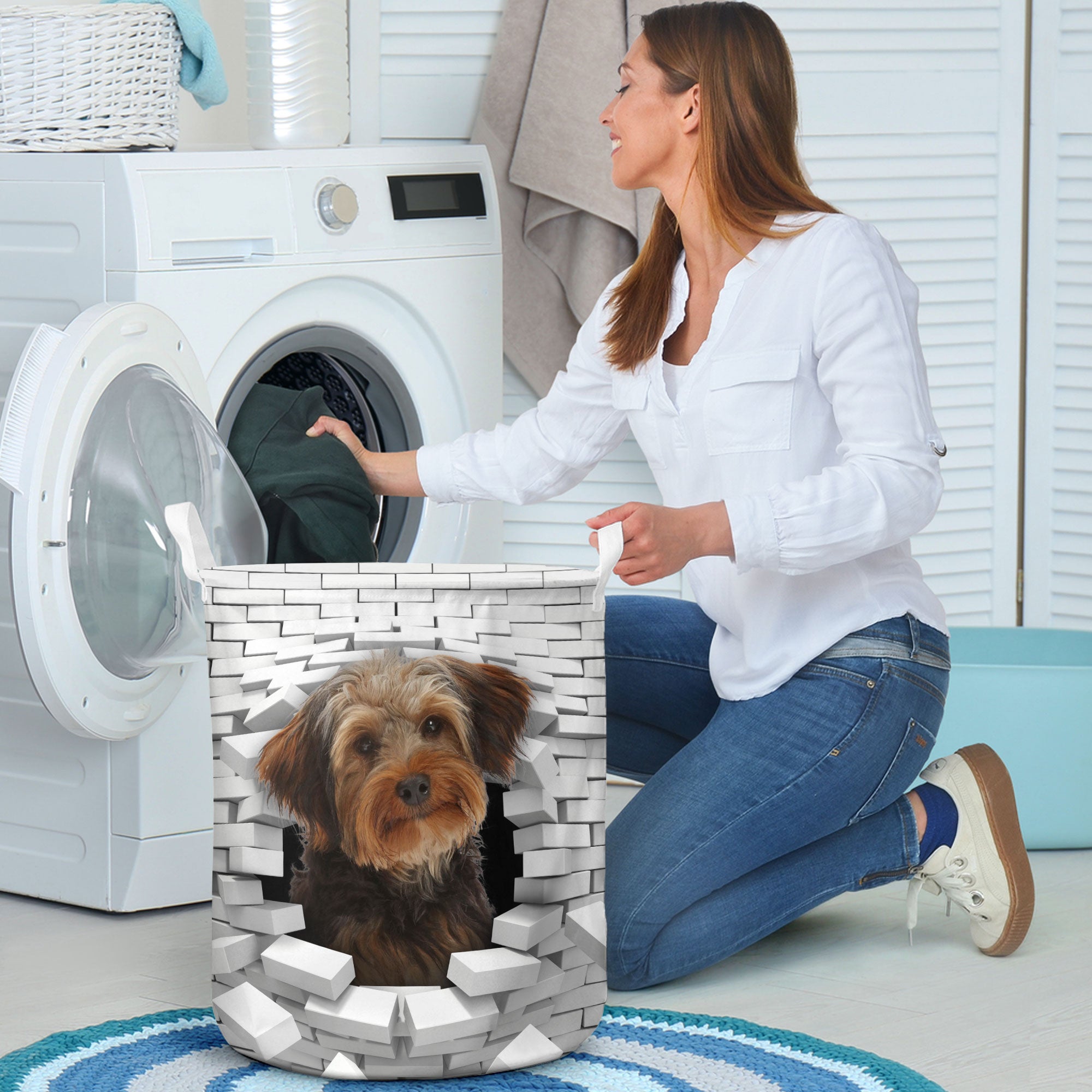 Yorkie-Poo - In The Hole Of Wall Pattern Laundry Basket