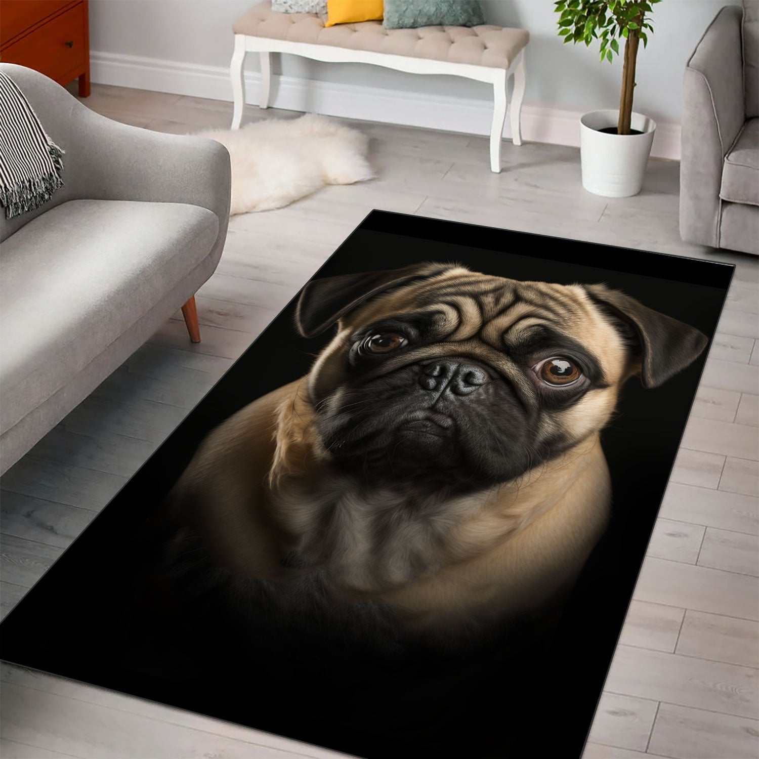Pug 2 3D Portrait Area Rug