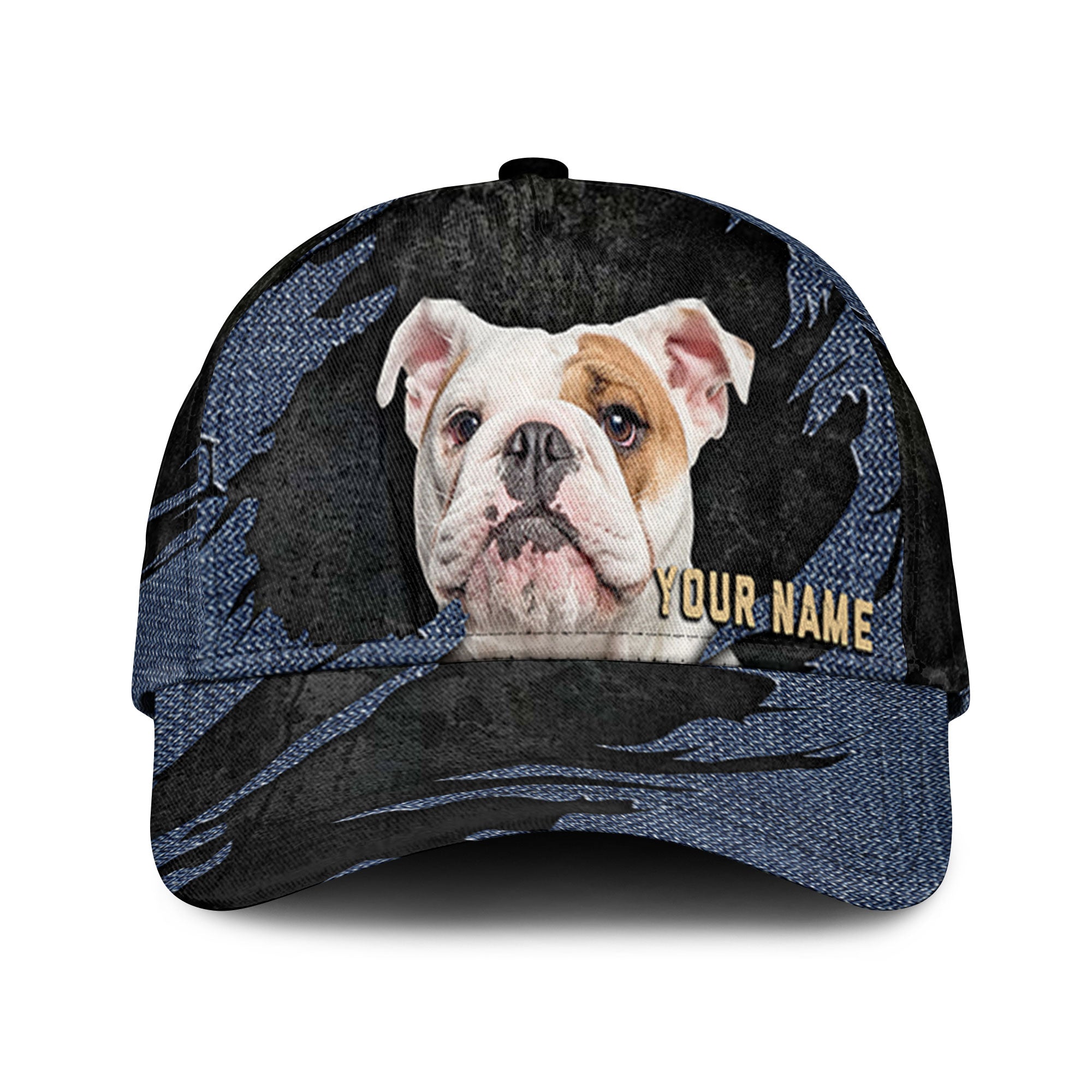 English Bulldog - Jean Background Custom Name Cap