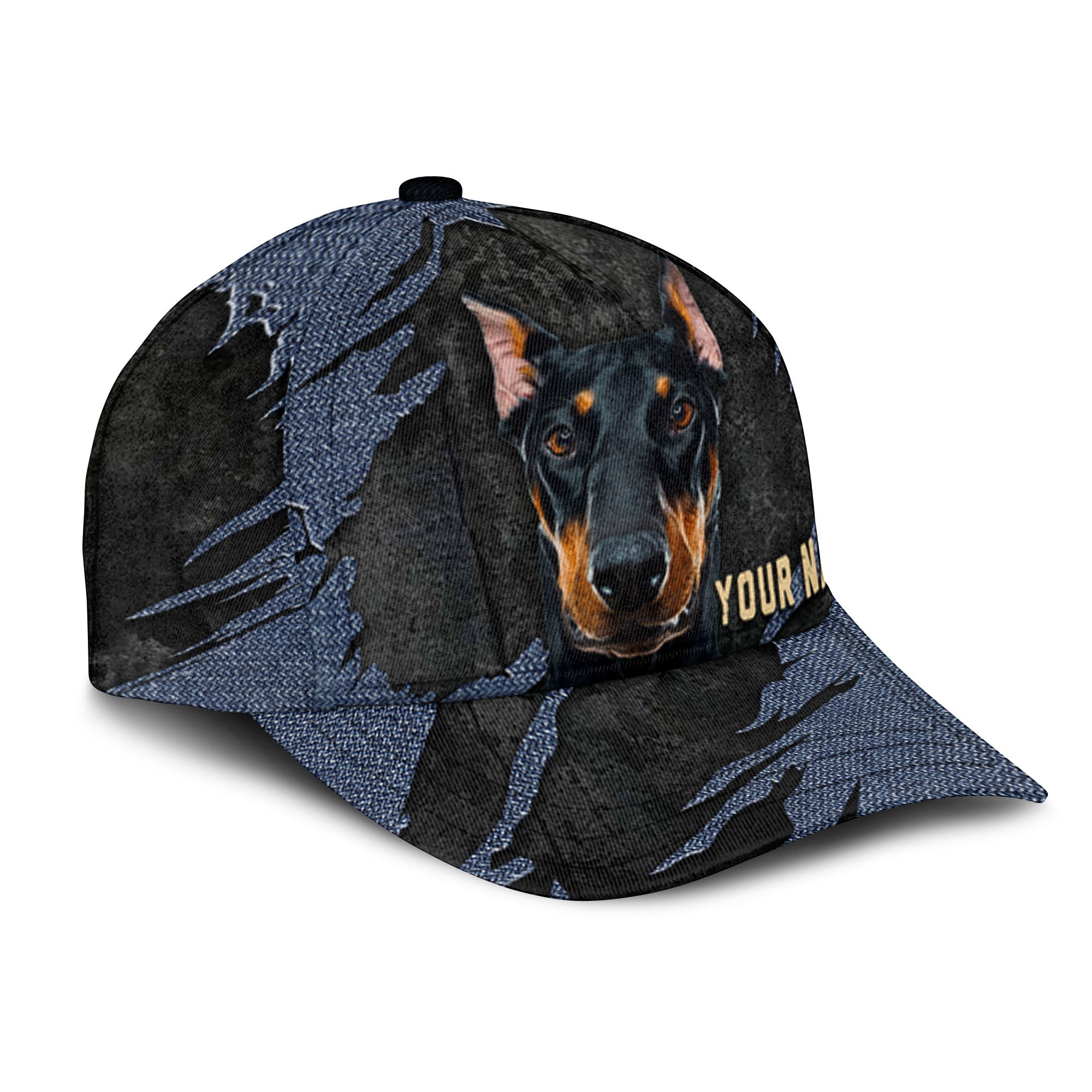 Doberman Pinscher - Jean Background Custom Name Cap
