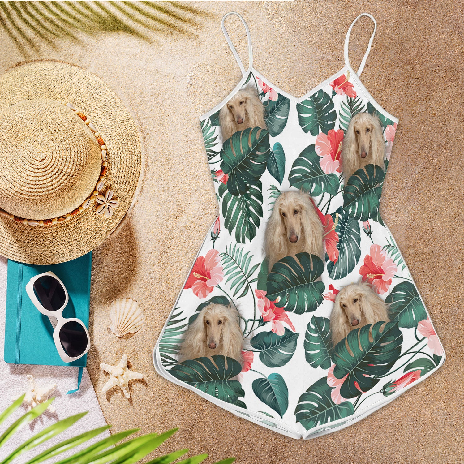 Afghan Hound Tropical Pattern Sleeveless Romper