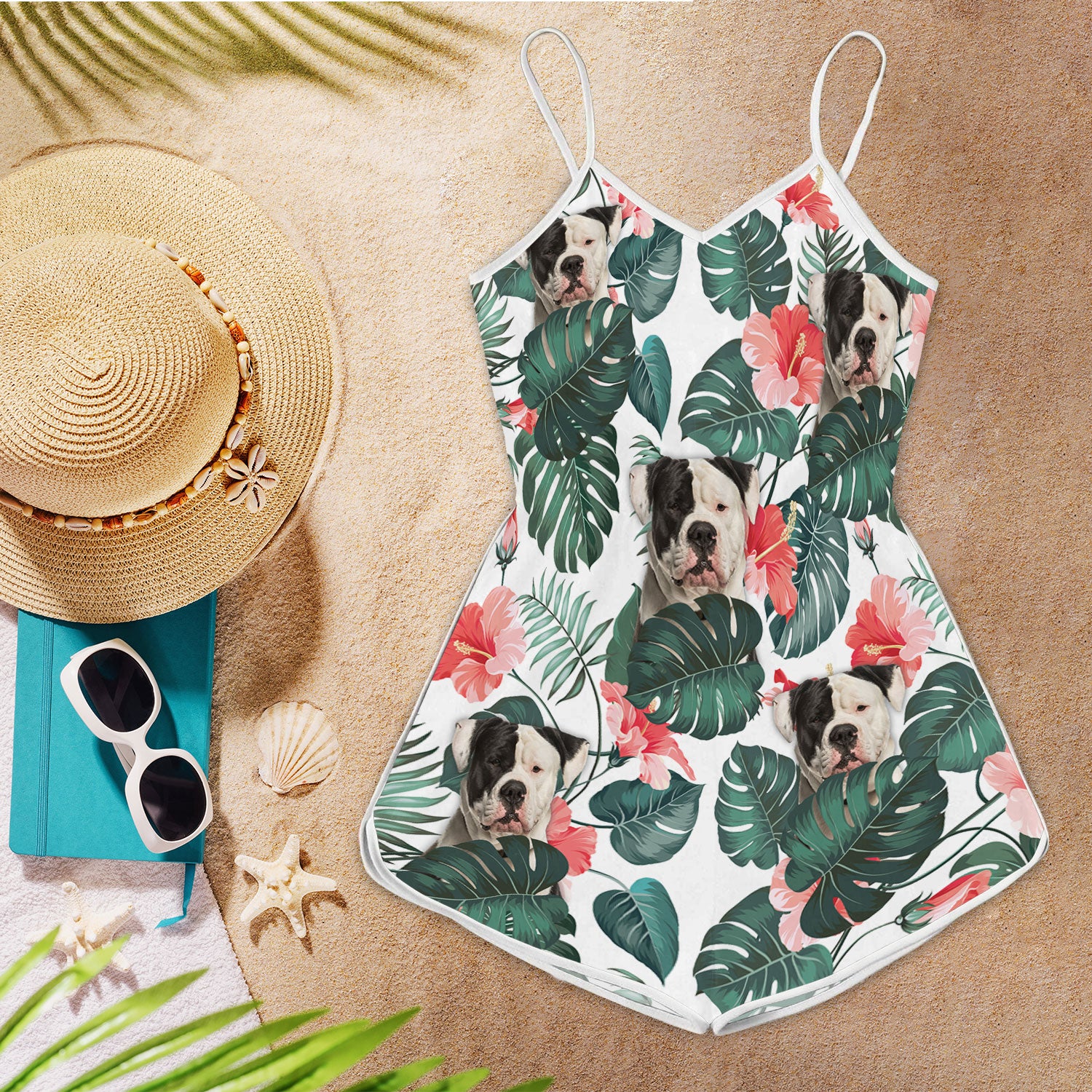 Amerian Bulldog Tropical Pattern Sleeveless Romper
