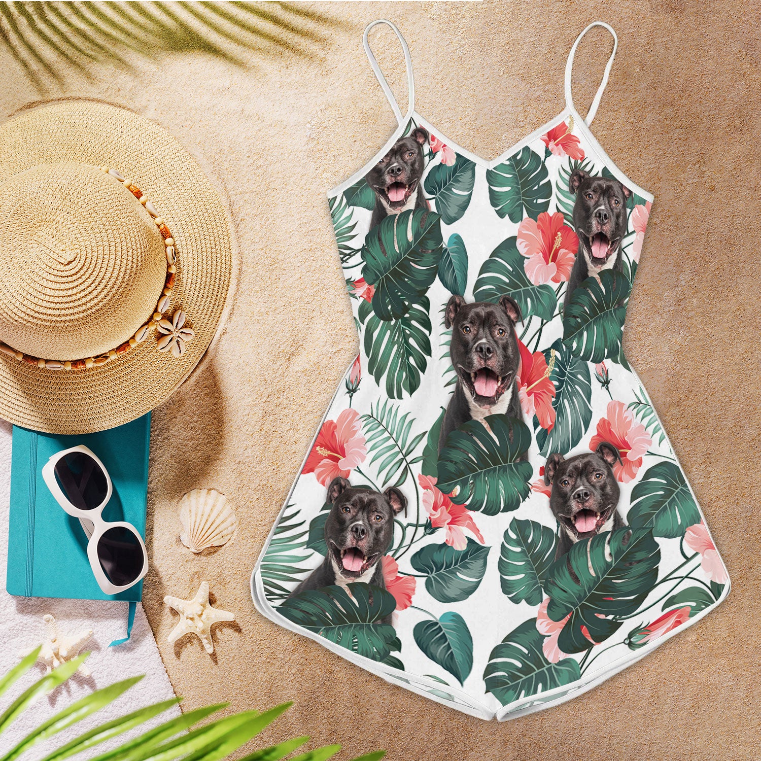 American Staffordshire Terrier Tropical Pattern Sleeveless Romper
