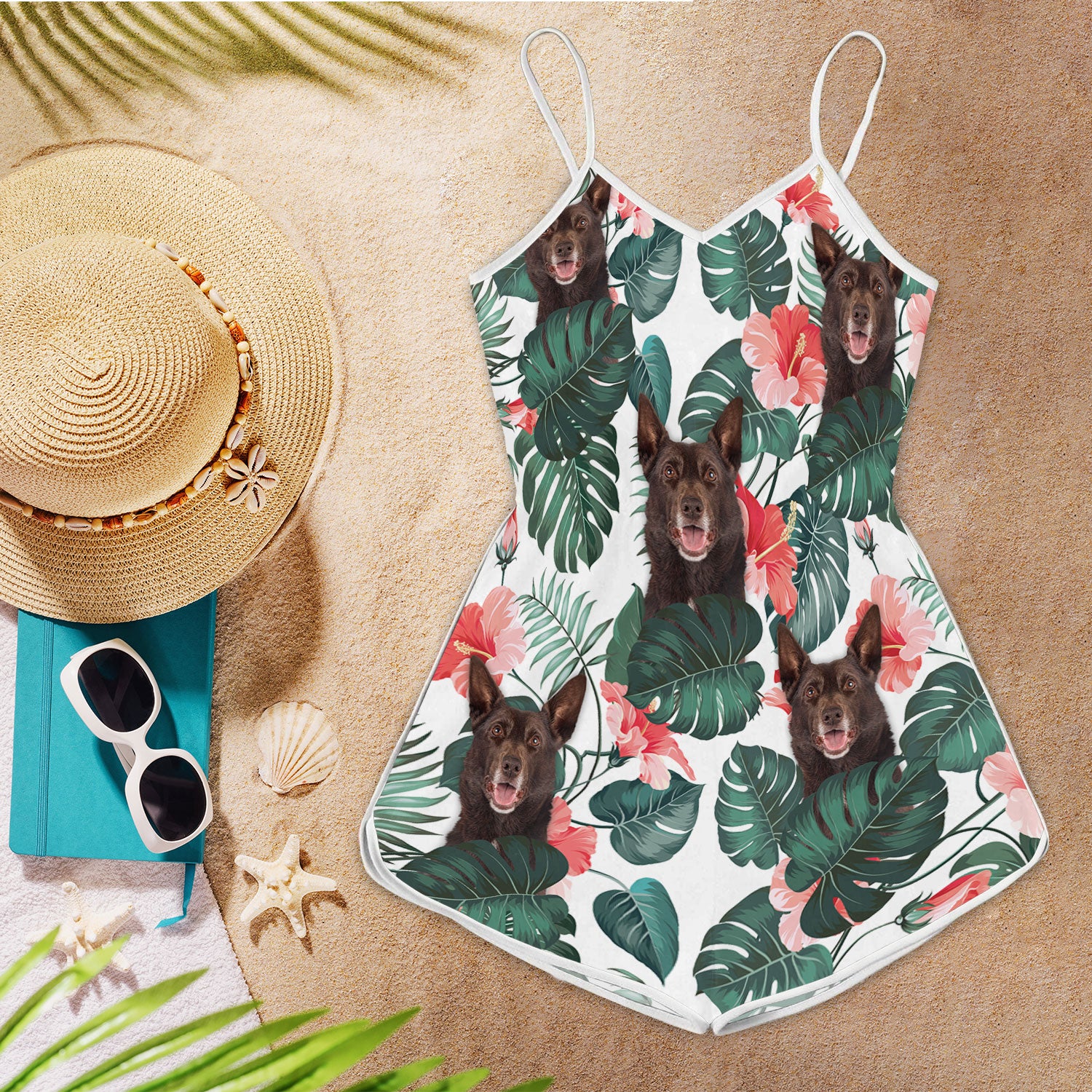 Australian Kelpie Dog Tropical Pattern Sleeveless Romper