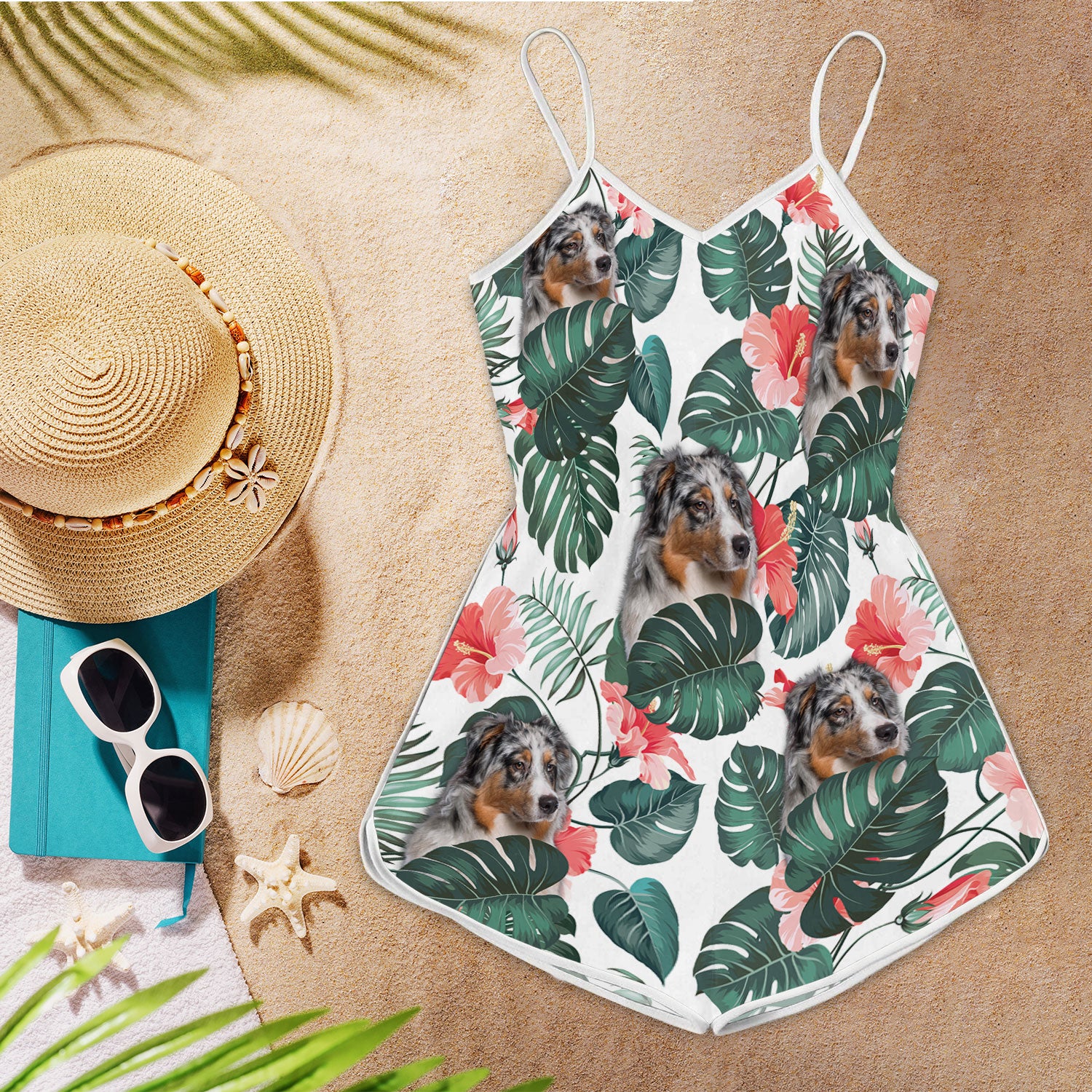 Australian Shepherd Tropical Pattern Sleeveless Romper