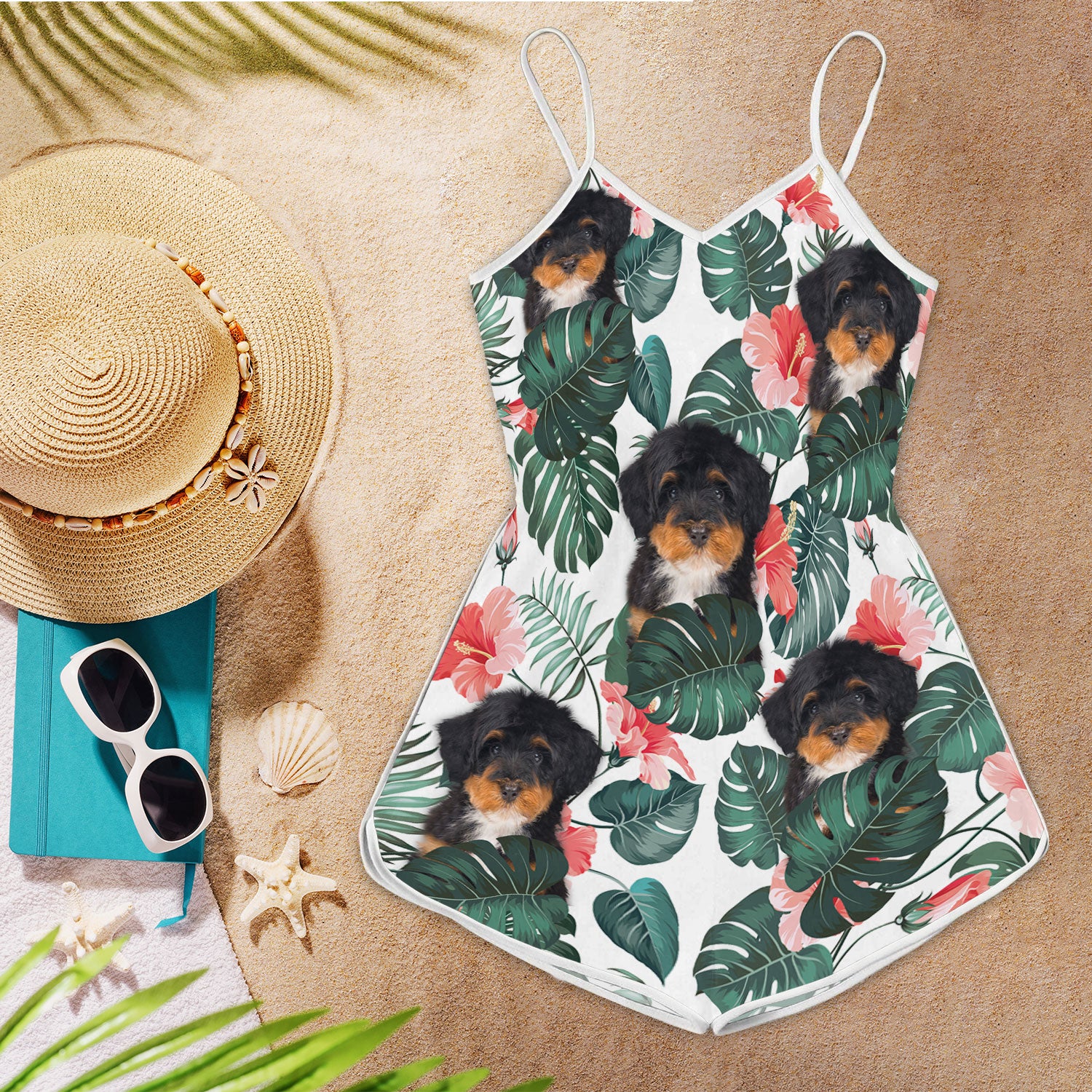 Bernedoodle Tropical Pattern Sleeveless Romper