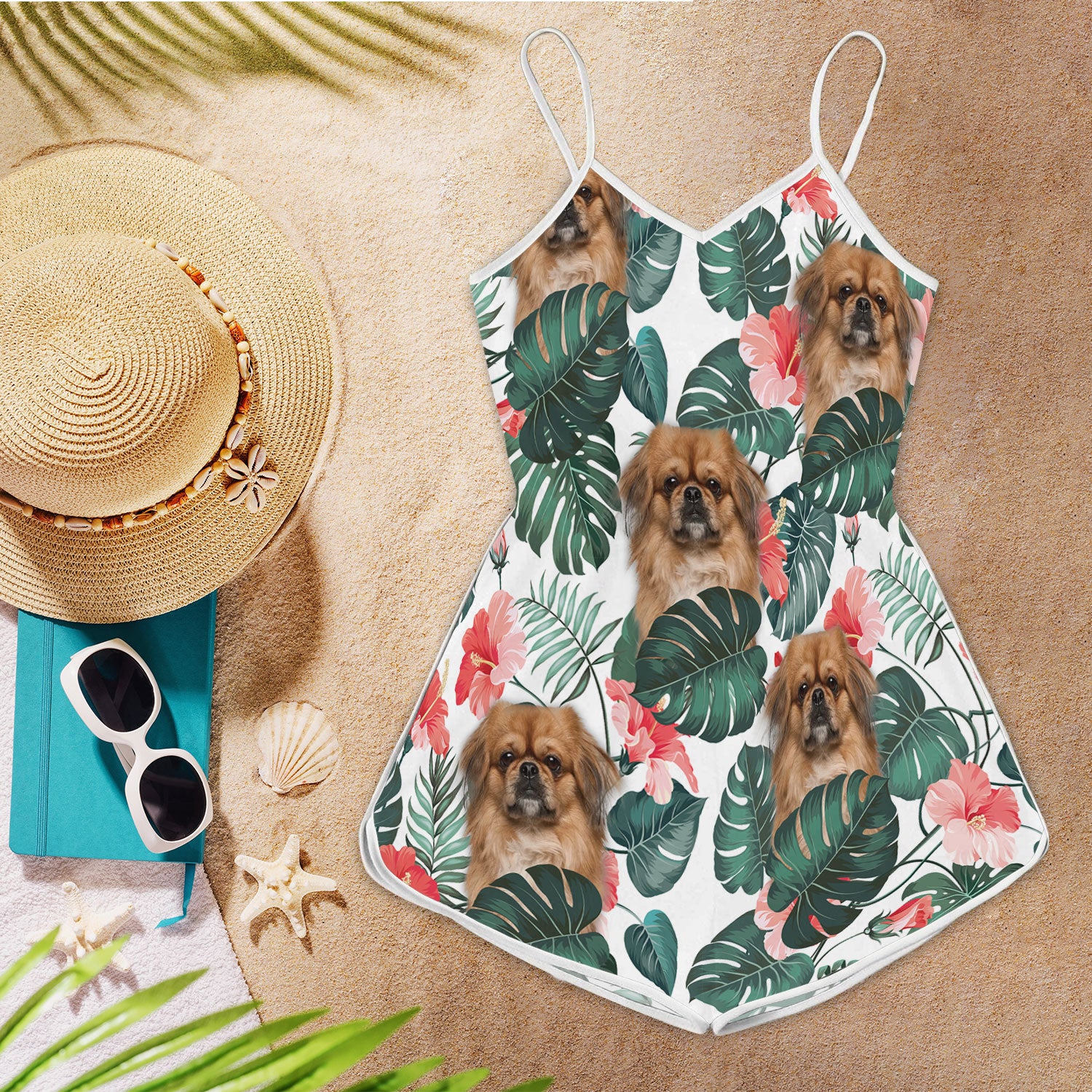 Pekingese Pattern Sleeveless Romper