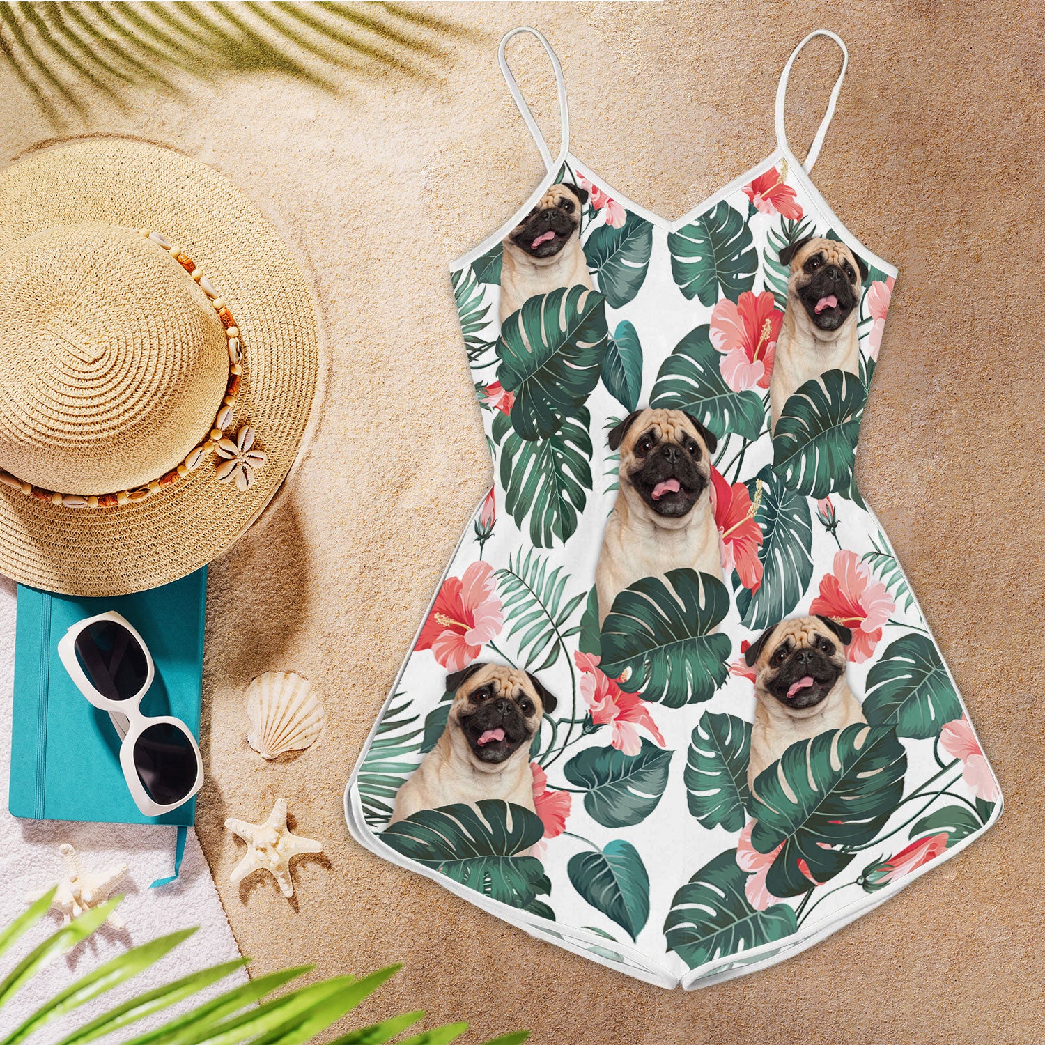 Pug Pattern Sleeveless Romper