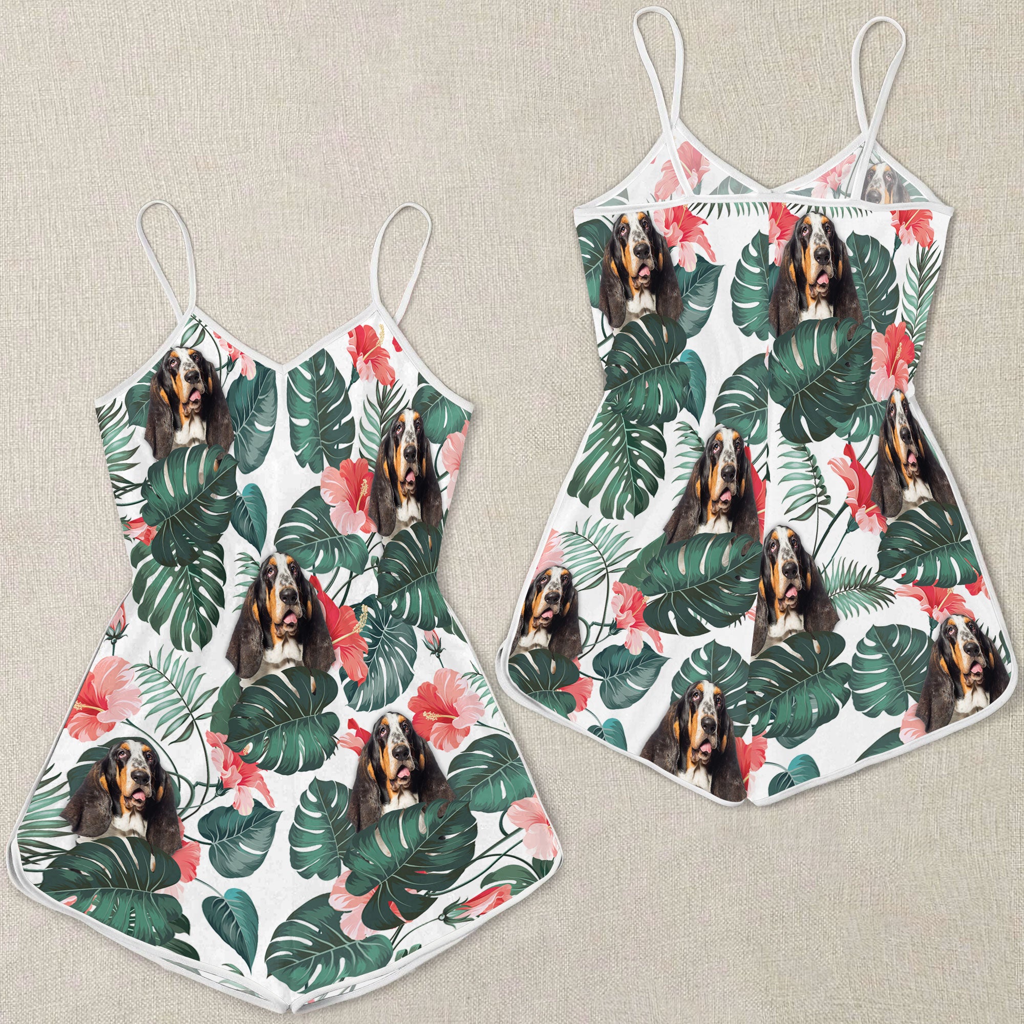 Basset Hound Tropical Pattern Sleeveless Romper