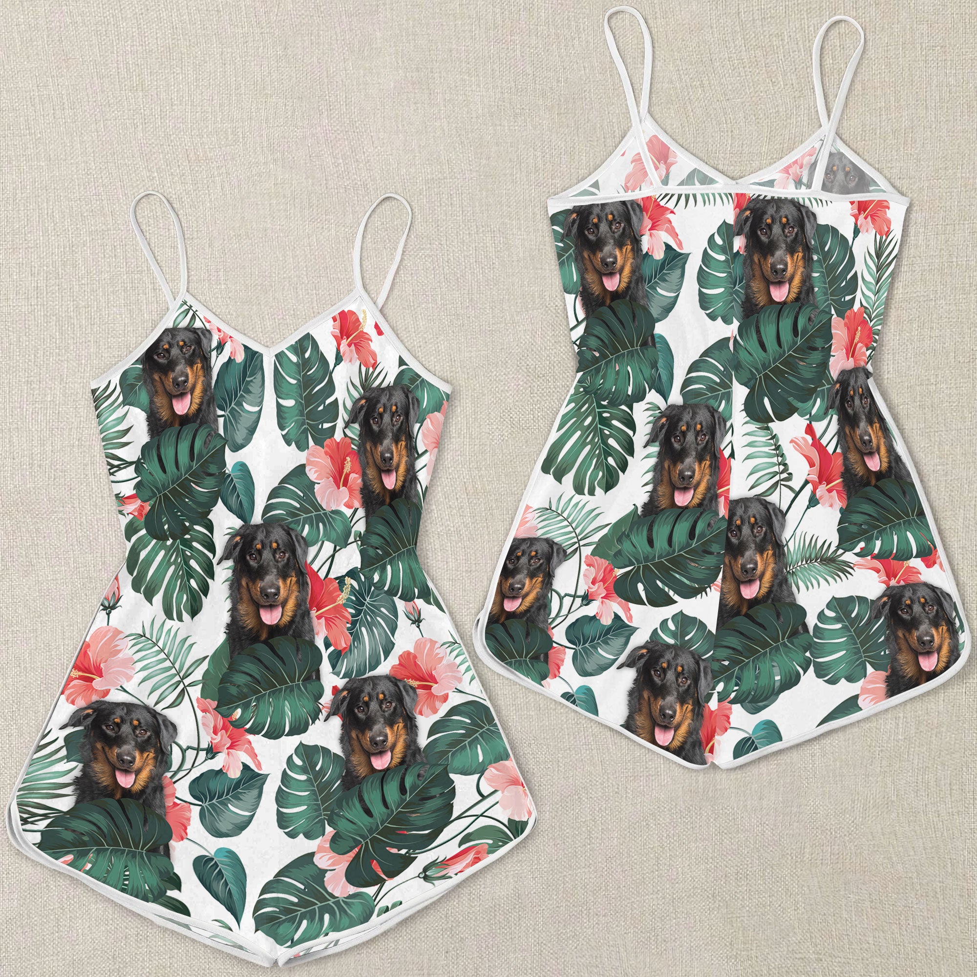 Beauceron Tropical Pattern Sleeveless Romper