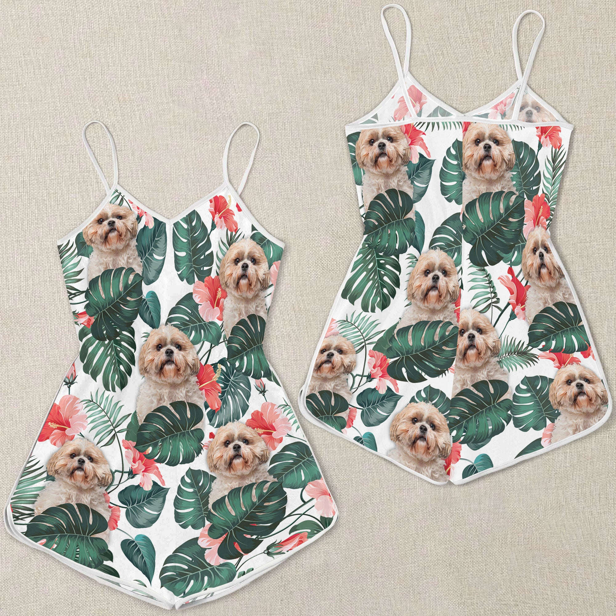Shih Tzu Tropical Pattern Sleeveless Romper