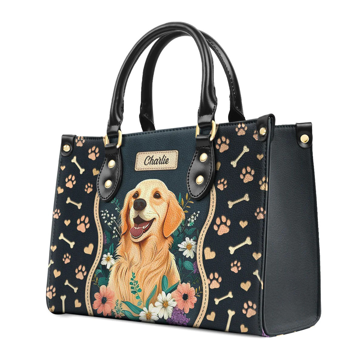 Golden Retriever Flowers Leather Bag
