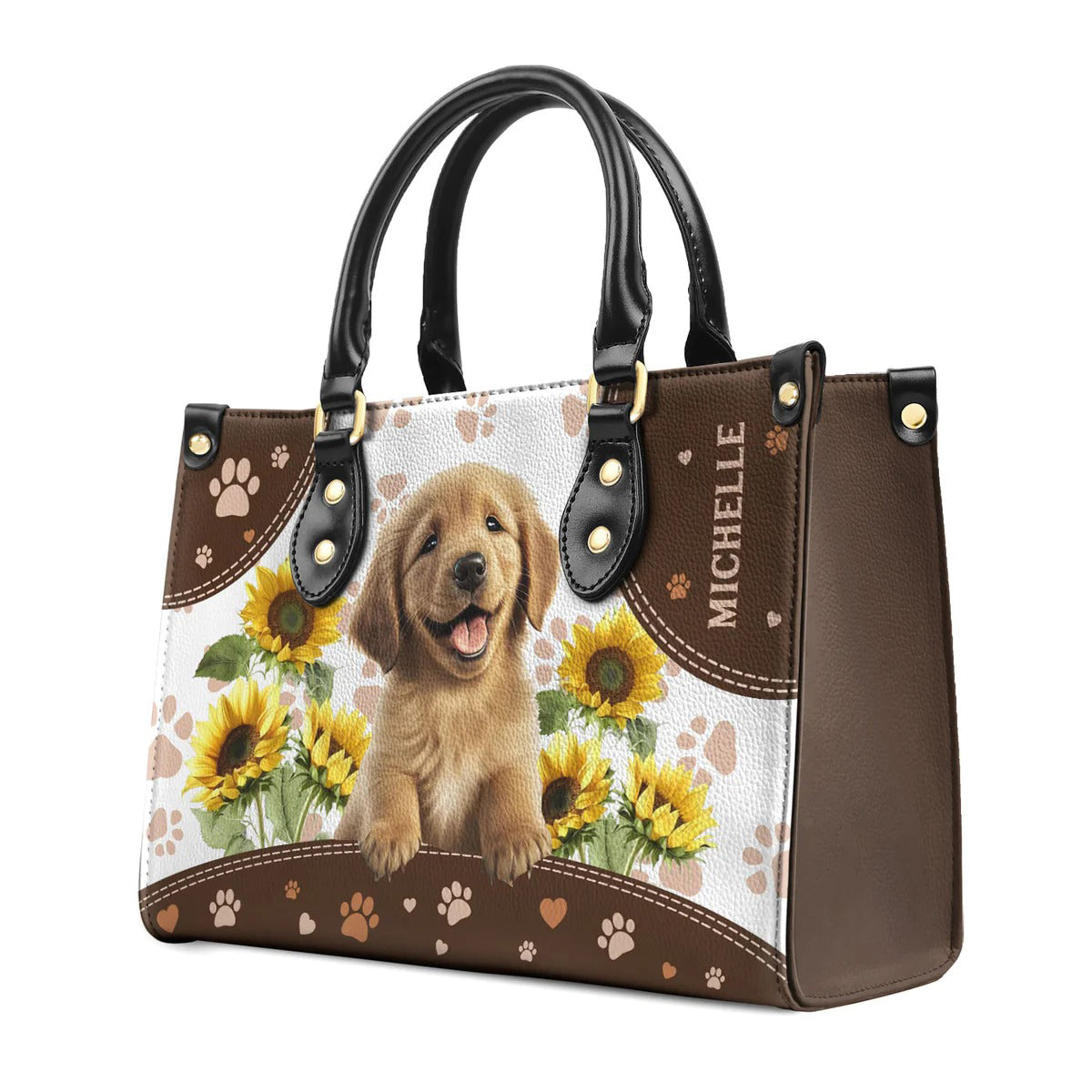 Golden Retriever Sunflowers Leather Bag