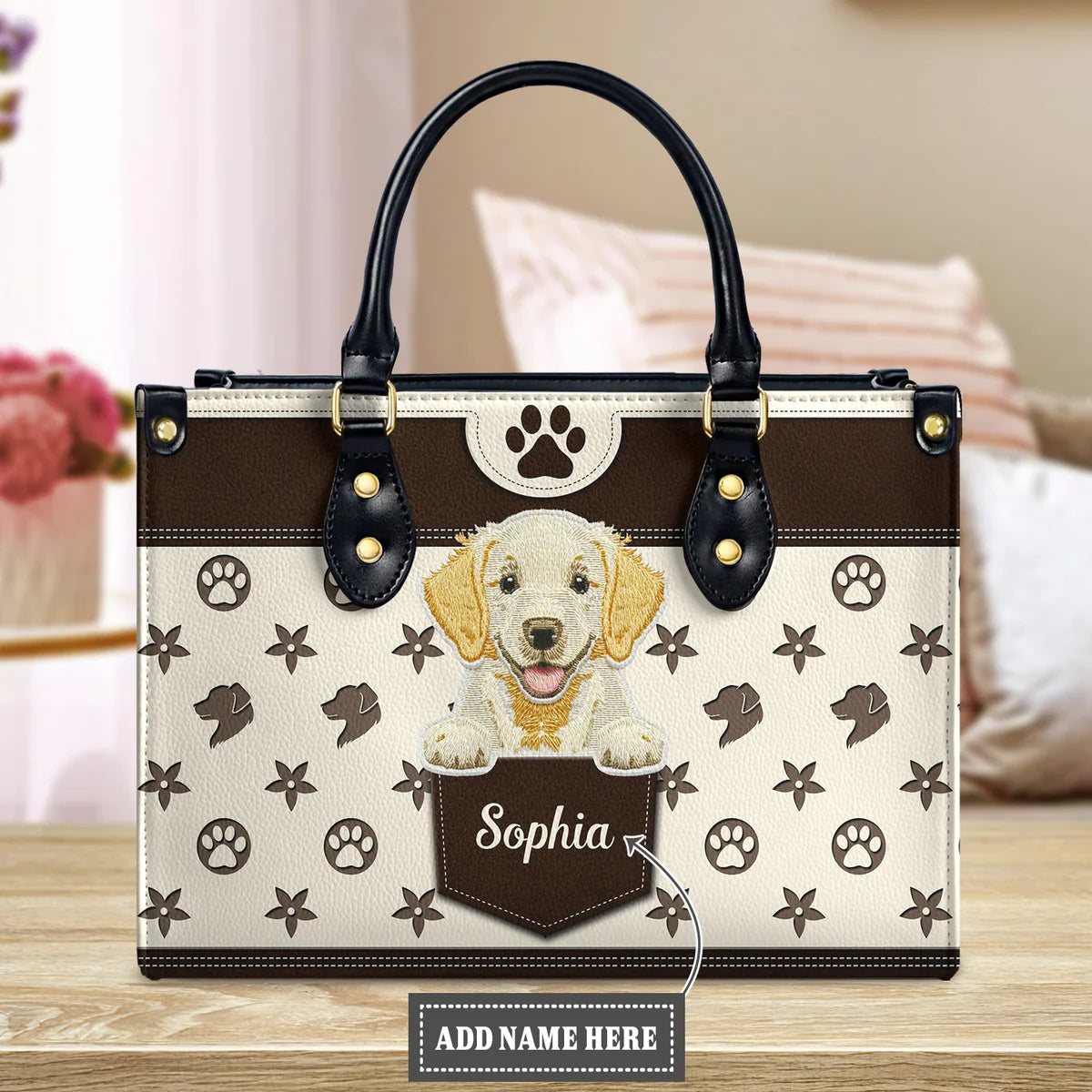 Golden Retriever Puppy Embroidery Style Leather Bag