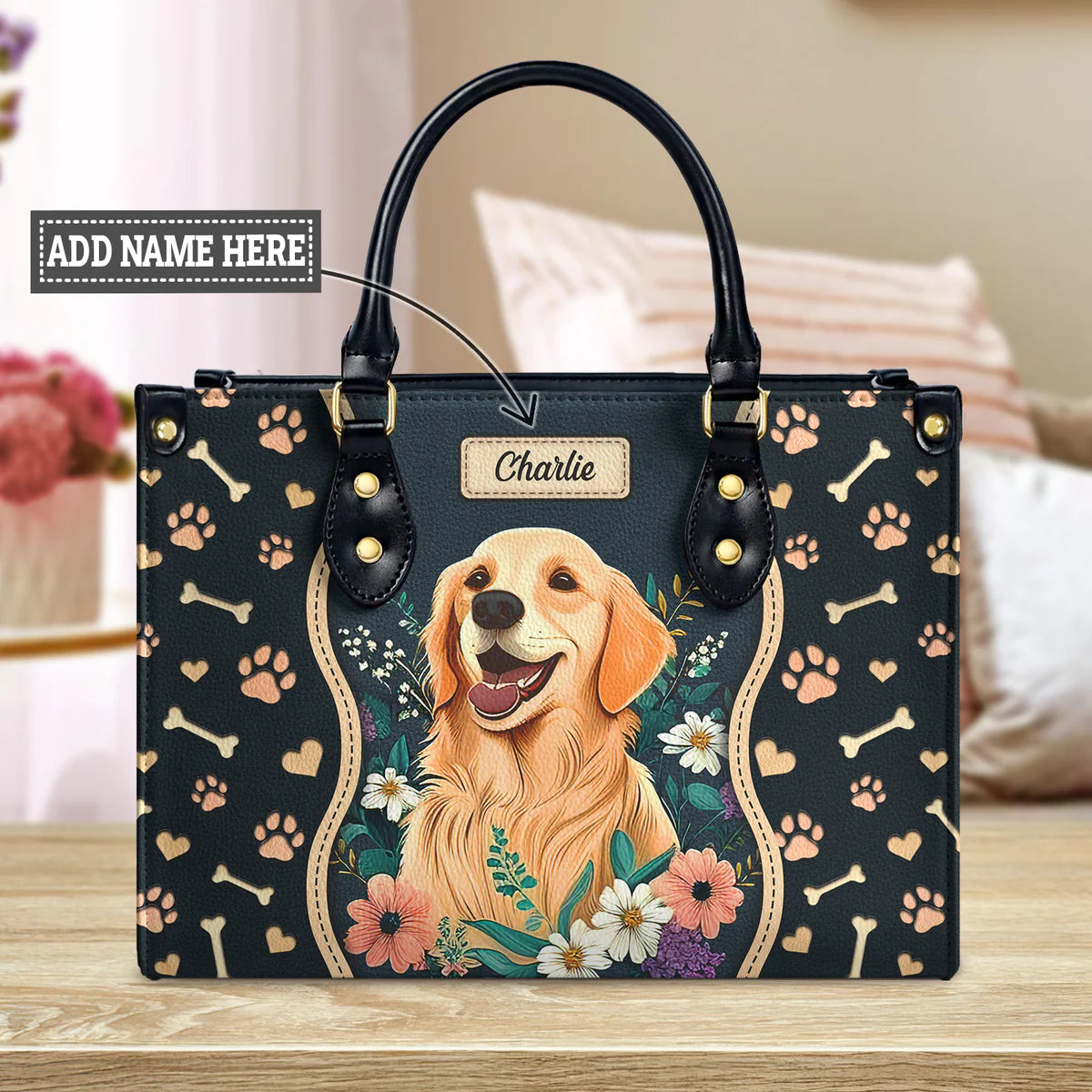 Golden Retriever Flowers Leather Bag