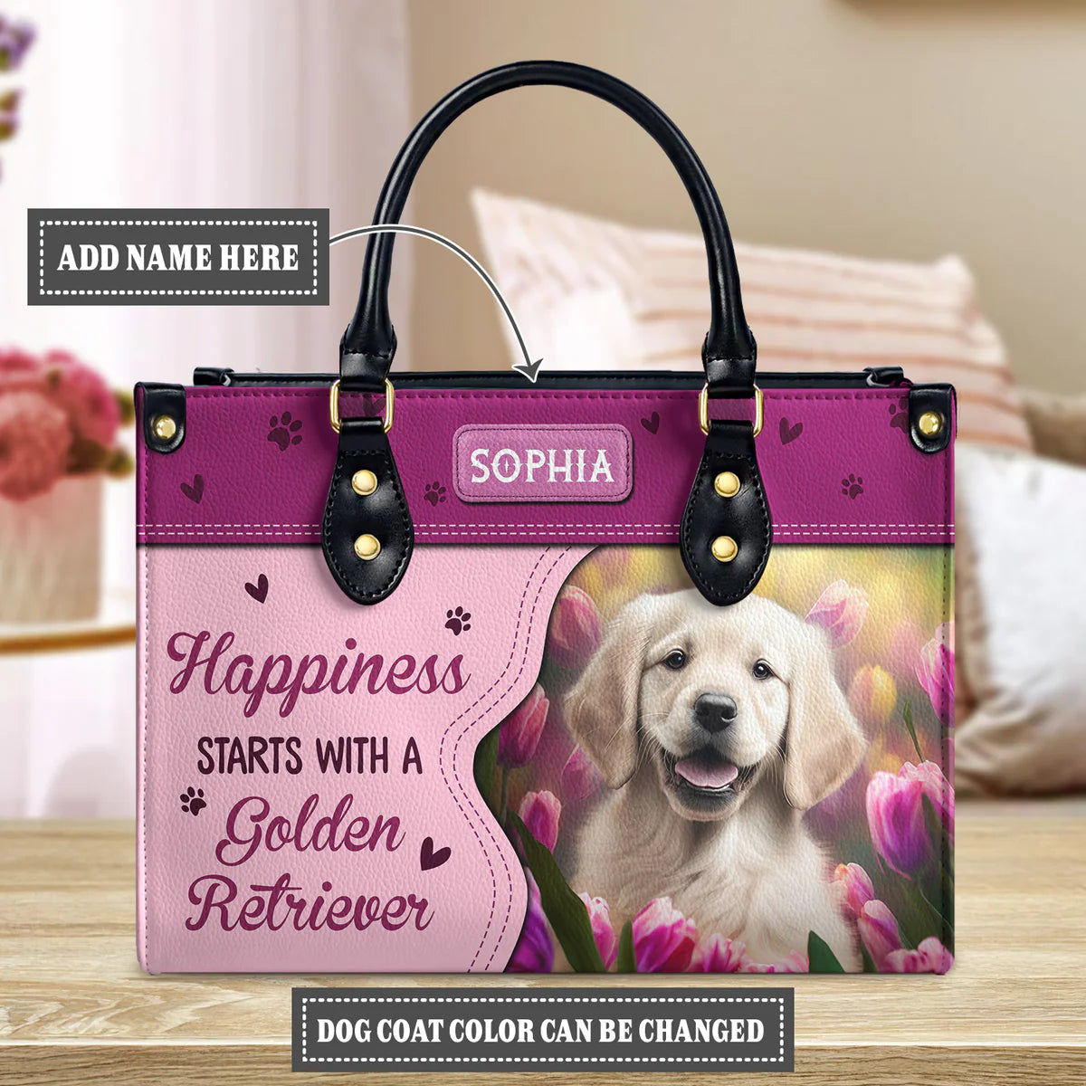 Happiness Starts With A Golden Retriever Leather Bag