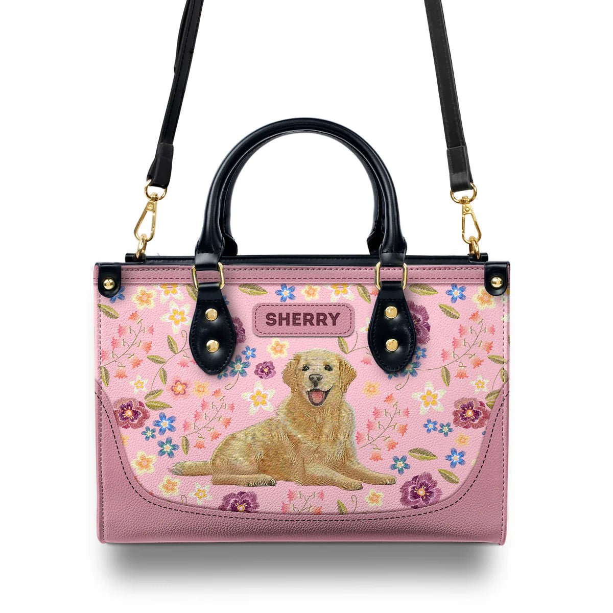 Golden Retriever Gocci Flowers Leather Bag