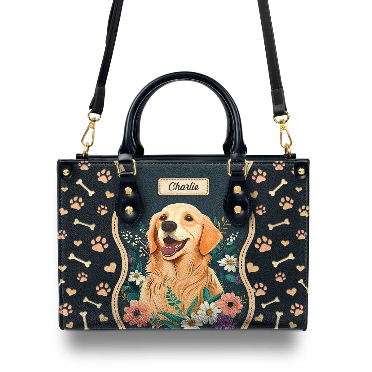 Golden Retriever Flowers Leather Bag