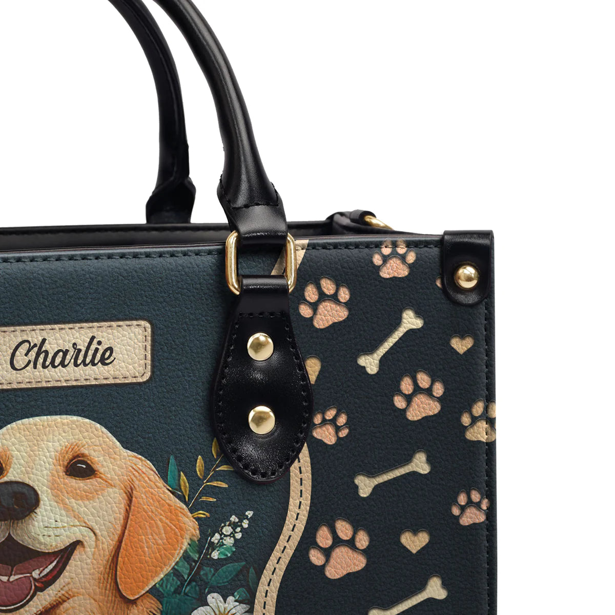 Golden Retriever Flowers Leather Bag