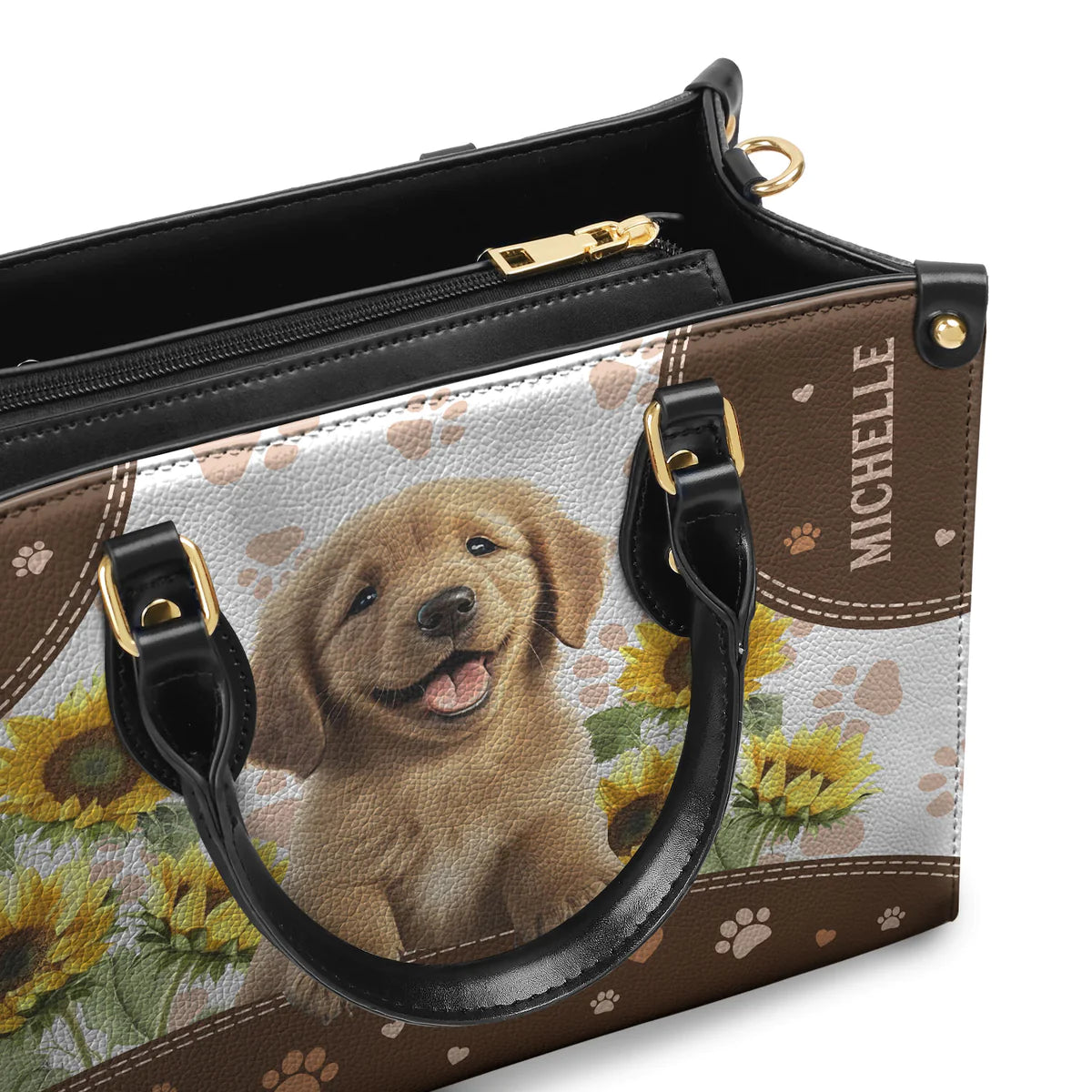 Golden Retriever Sunflowers Leather Bag