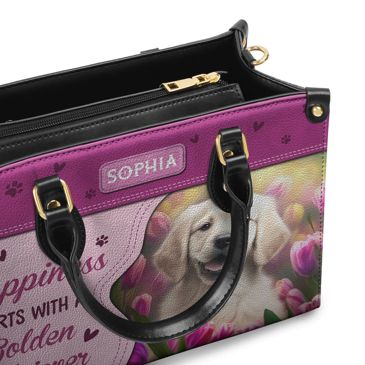 Happiness Starts With A Golden Retriever Leather Bag