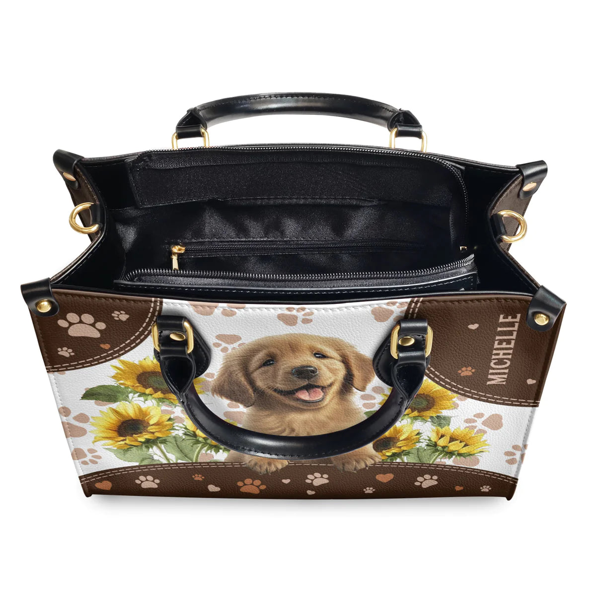 Golden Retriever Sunflowers Leather Bag
