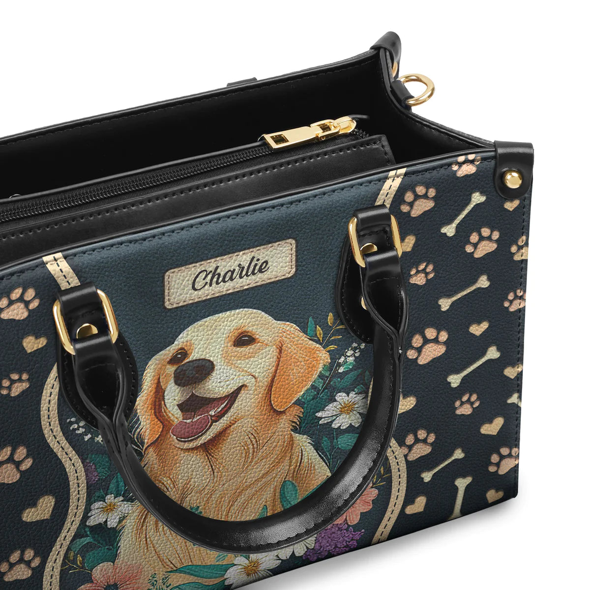 Golden Retriever Flowers Leather Bag