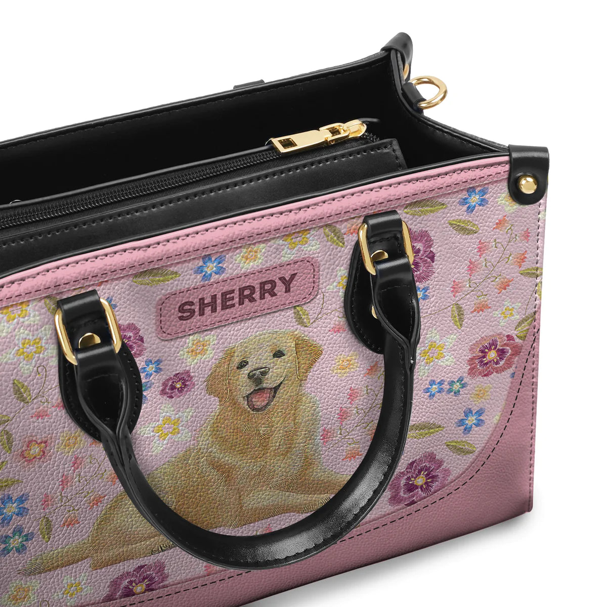 Golden Retriever Gocci Flowers Leather Bag