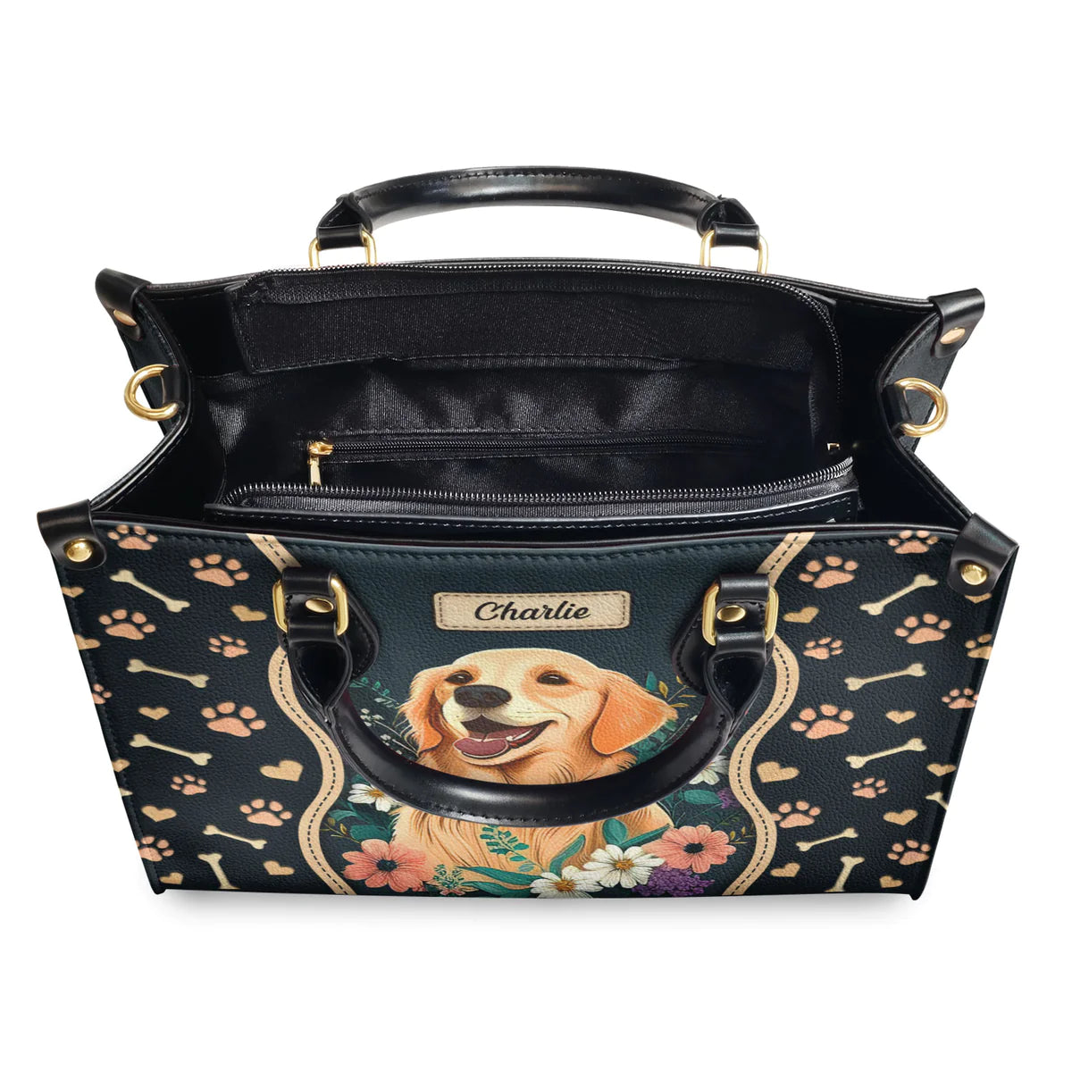 Golden Retriever Flowers Leather Bag