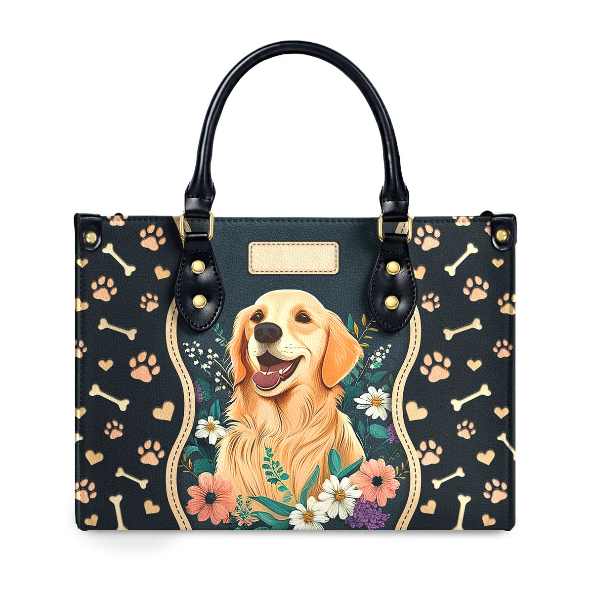 Golden Retriever Flowers Leather Bag