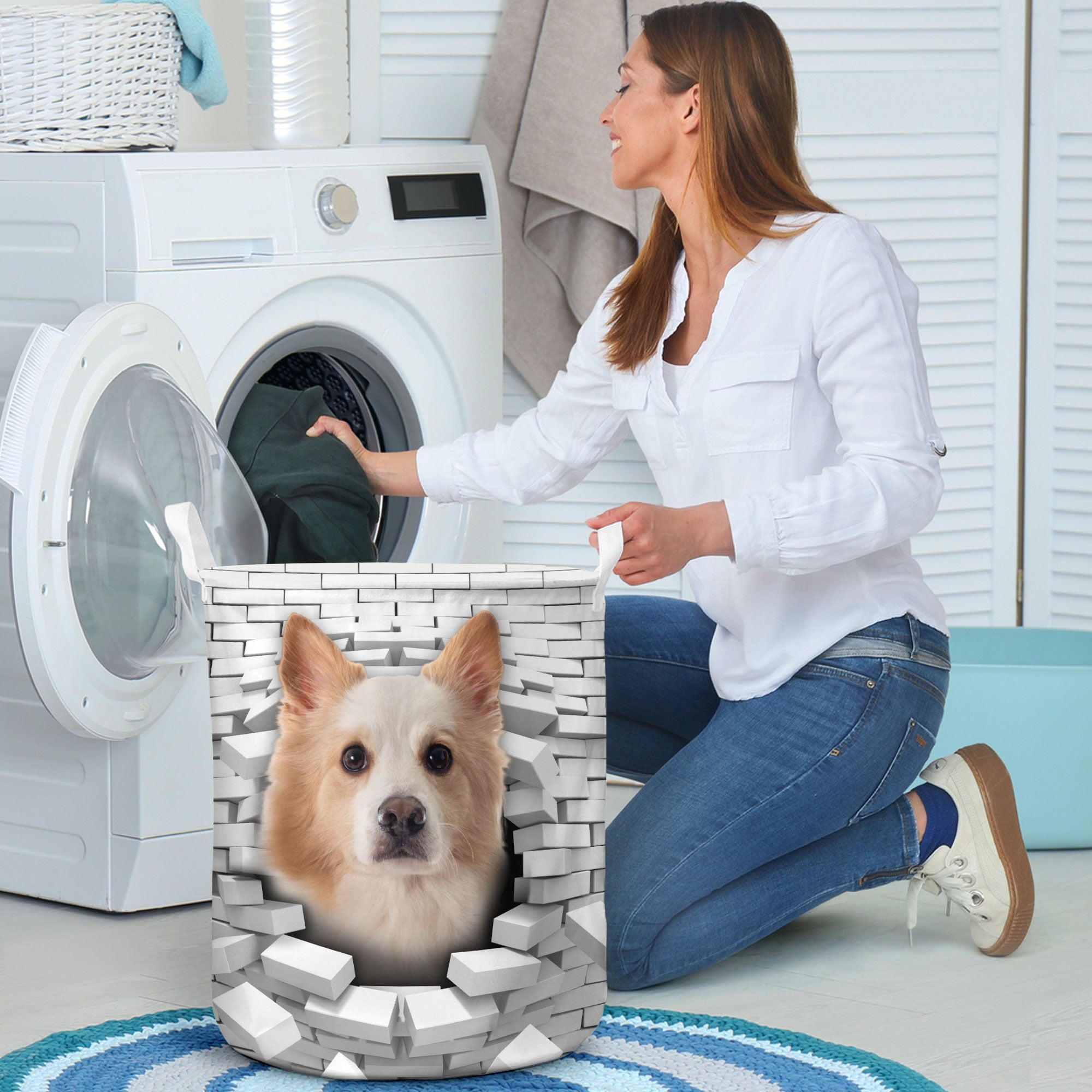 Icelandic Sheepdog - In The Hole Of Wall Pattern Laundry Basket