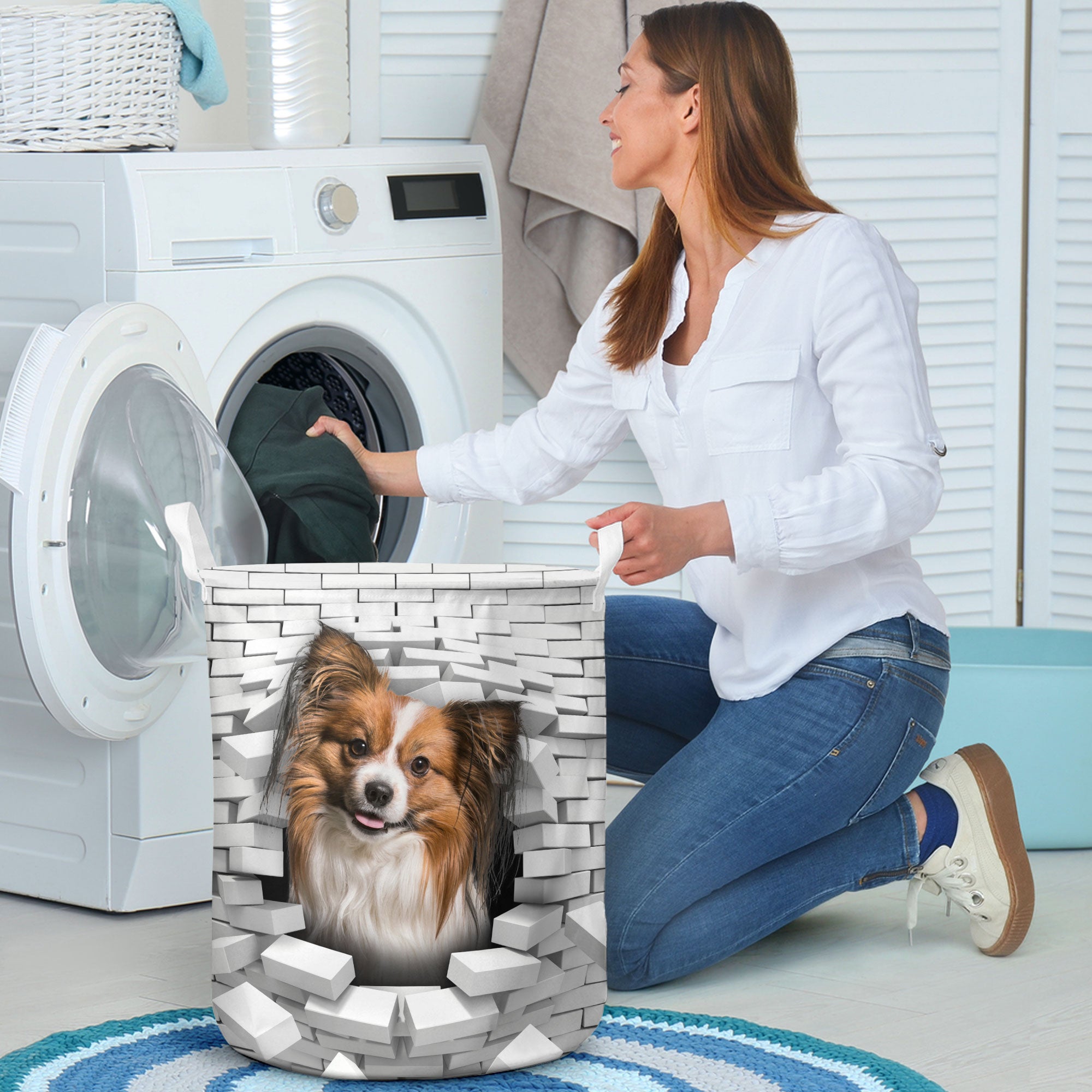 Papillon Dog - In The Hole Of Wall Pattern Laundry Basket