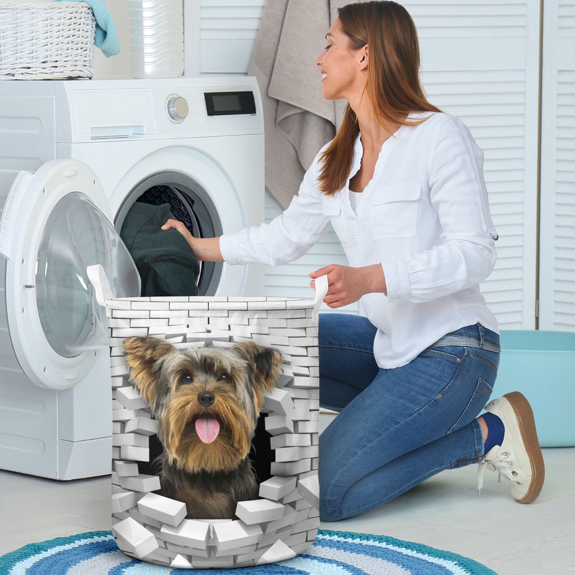 Yorkshire Terrier - In The Hole Of Wall Pattern Laundry Basket