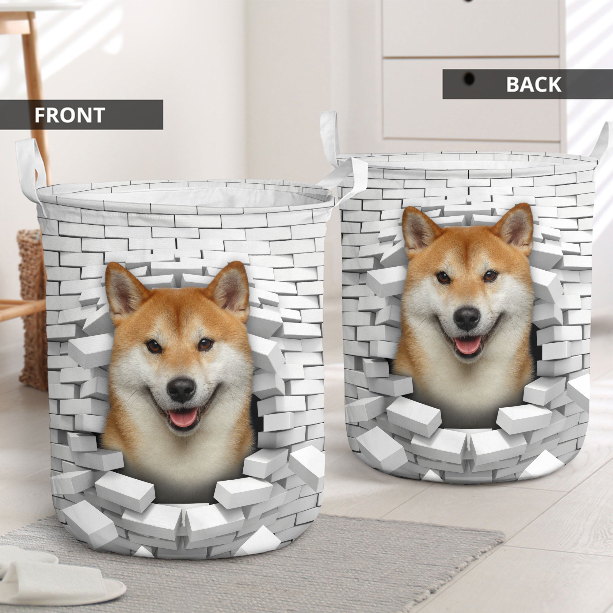 Shiba Inu - In The Hole Of Wall Pattern Laundry Basket