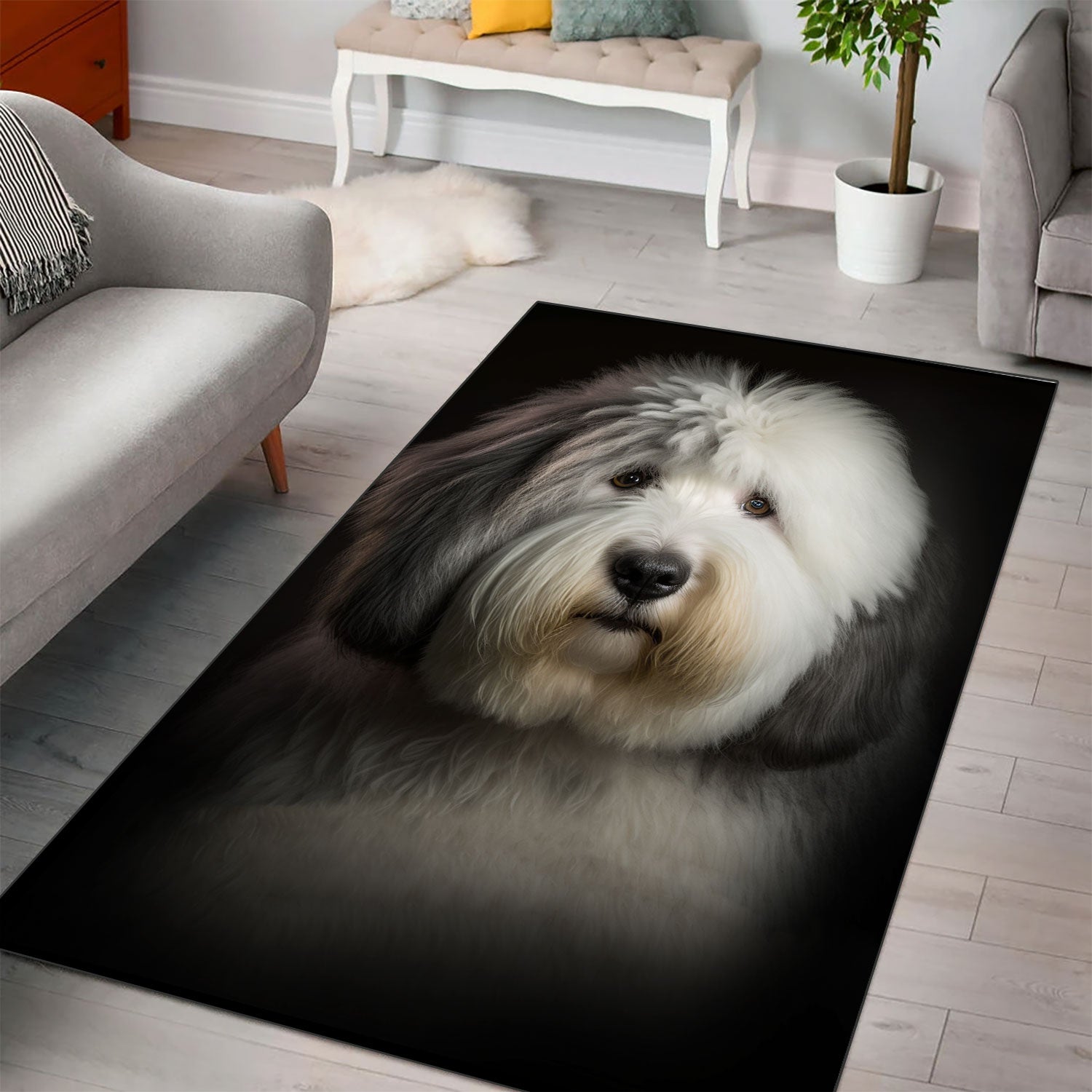Old English Sheepdog 3D Portrait Area Rug