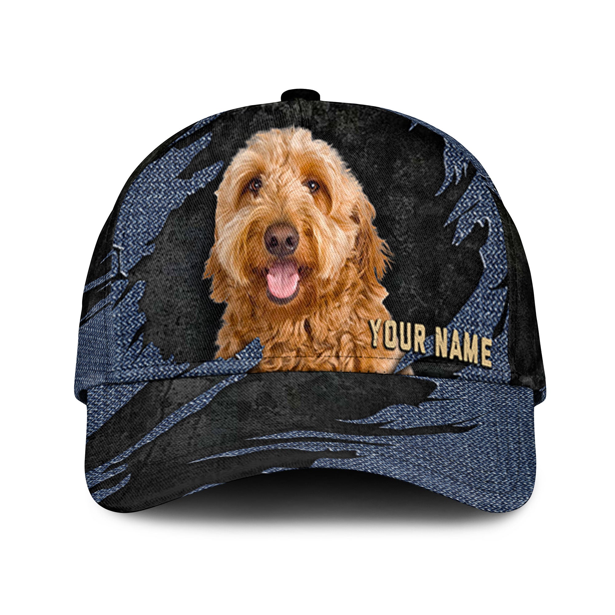 Goldendoodle - Jean Background Custom Name Cap
