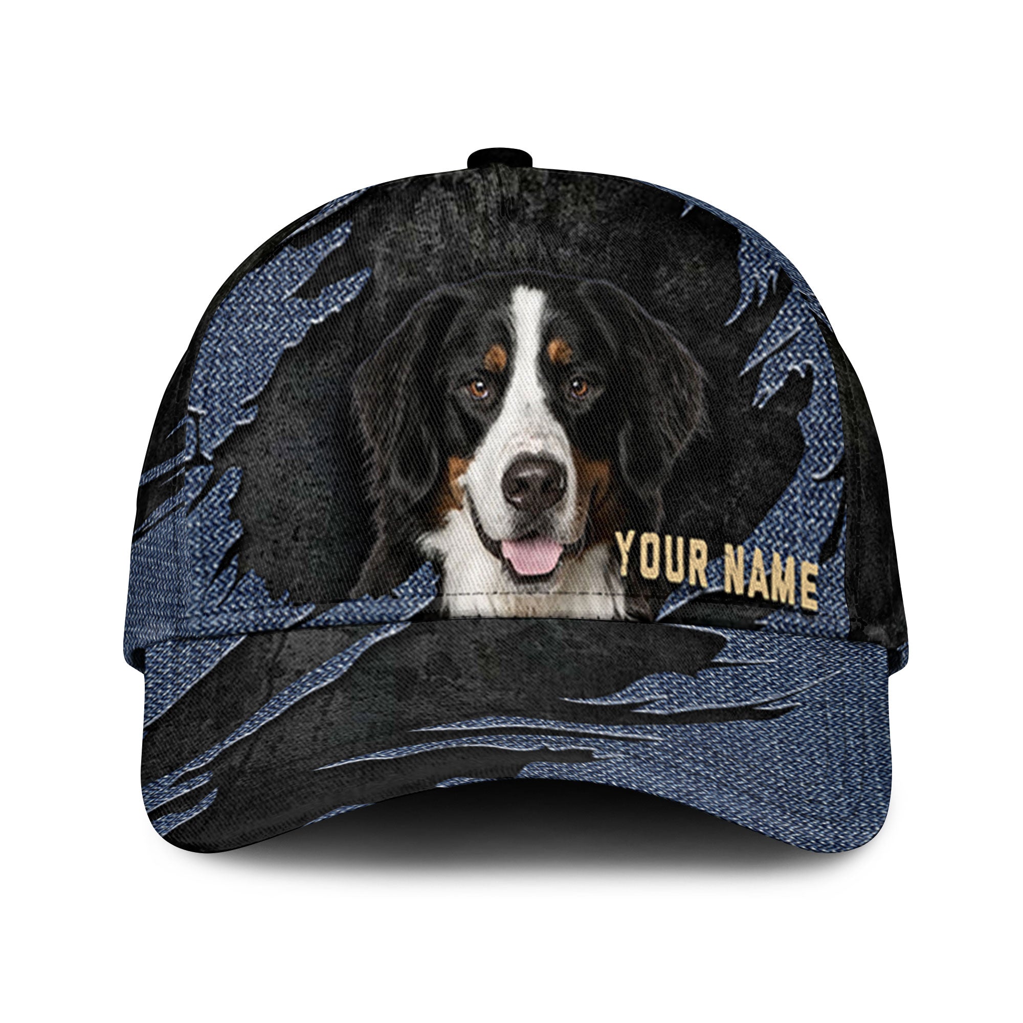 Bernese Mountain Dog - Jean Background Custom Name Cap