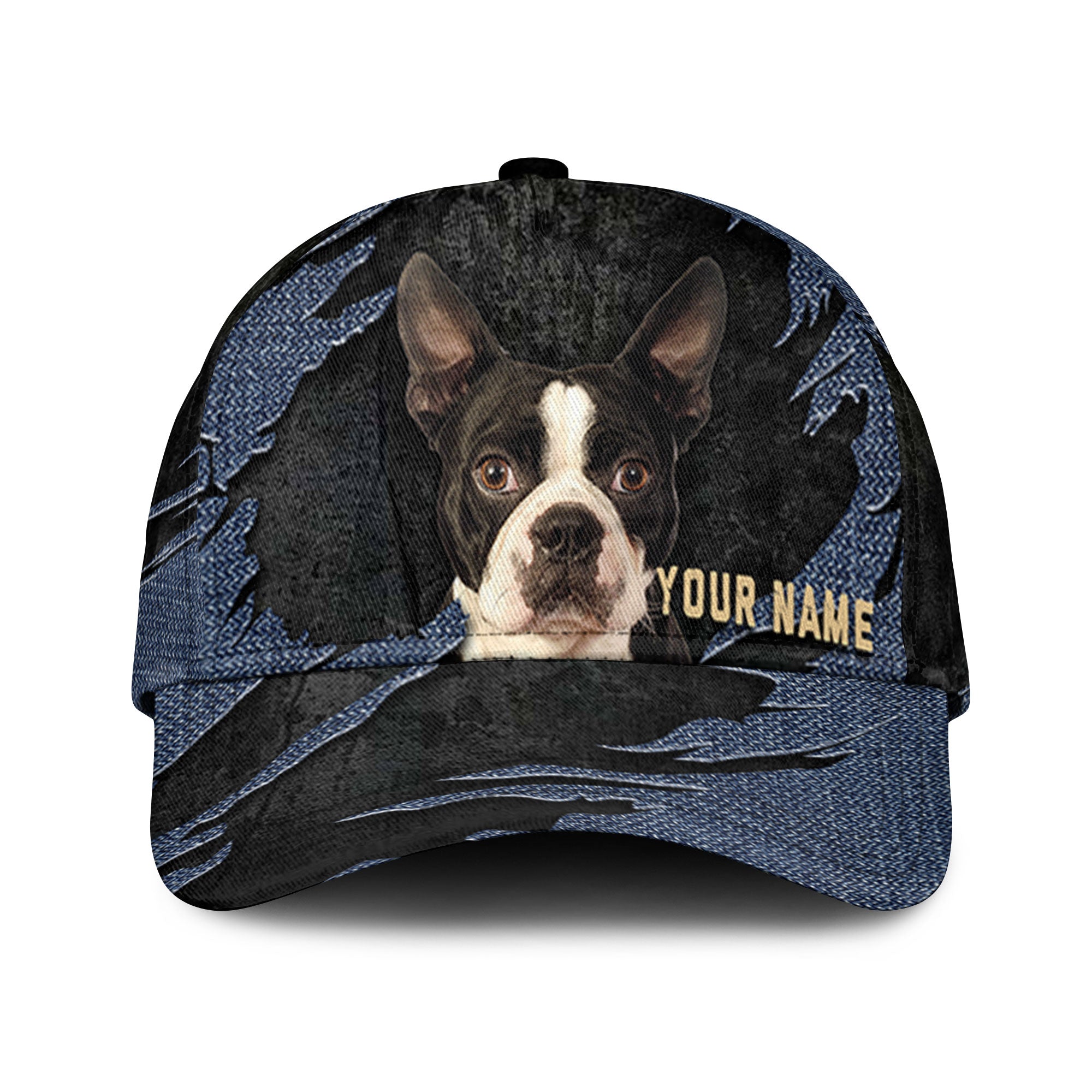 Boston Terrier - Jean Background Custom Name Cap