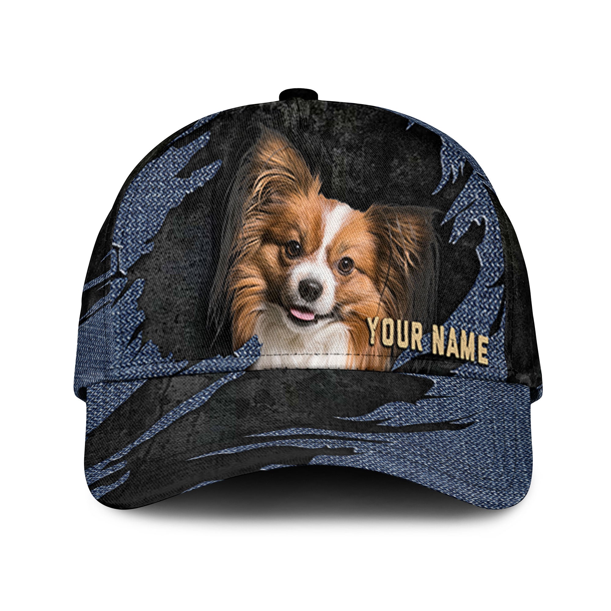 Papillon Dog - Jean Background Custom Name Cap