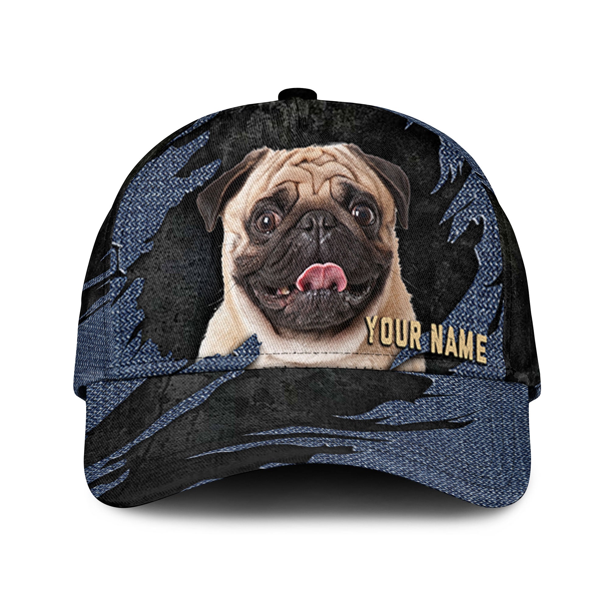 Pug - Jean Background Custom Name Cap