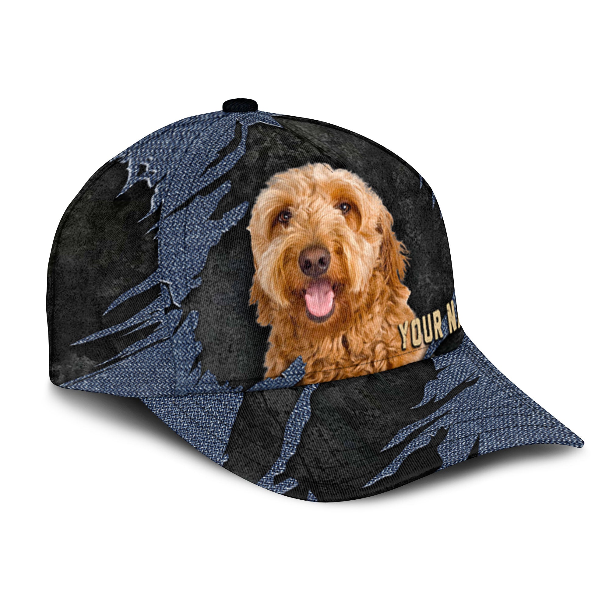 Goldendoodle - Jean Background Custom Name Cap
